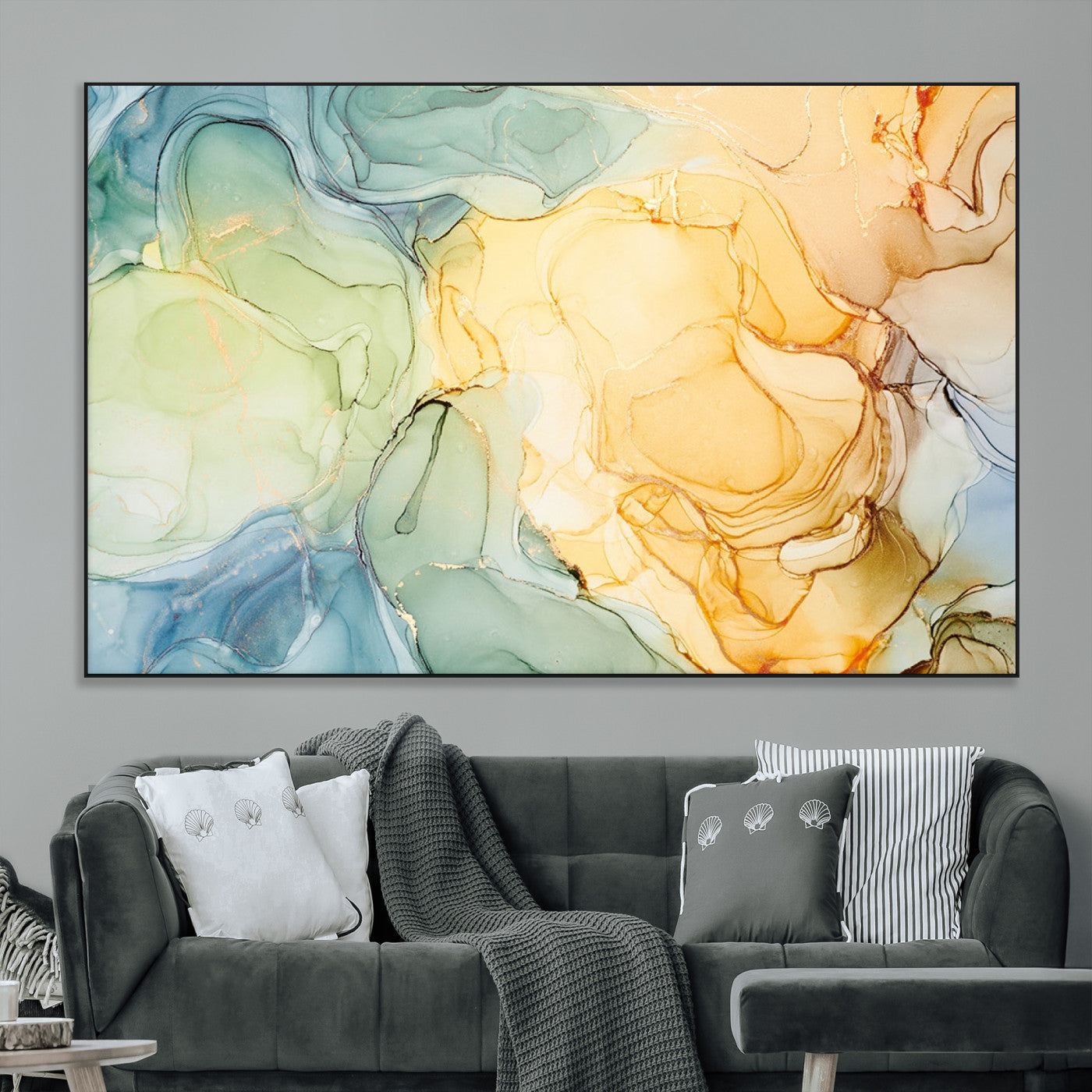 SEG-FC-51X34_Oversize - Green and Yellow Marble Fluid Effect Wall Art, Green and Yellow Marble Canvas Wall Art Print