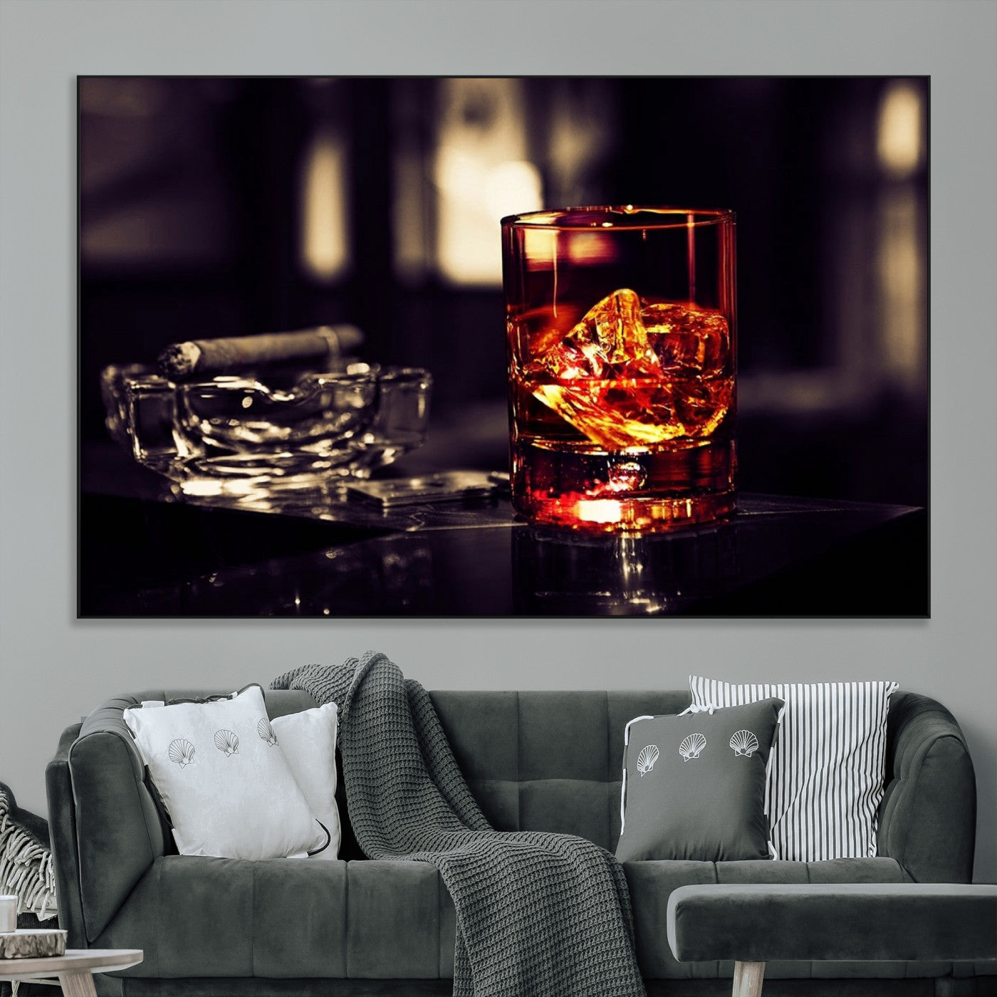 SEG-FC-51X34_Oversize - Whiskey and Cigar Canvas – Luxurious Wall Art for Home or Bar – Glass and Cigar Scene Print Canvas