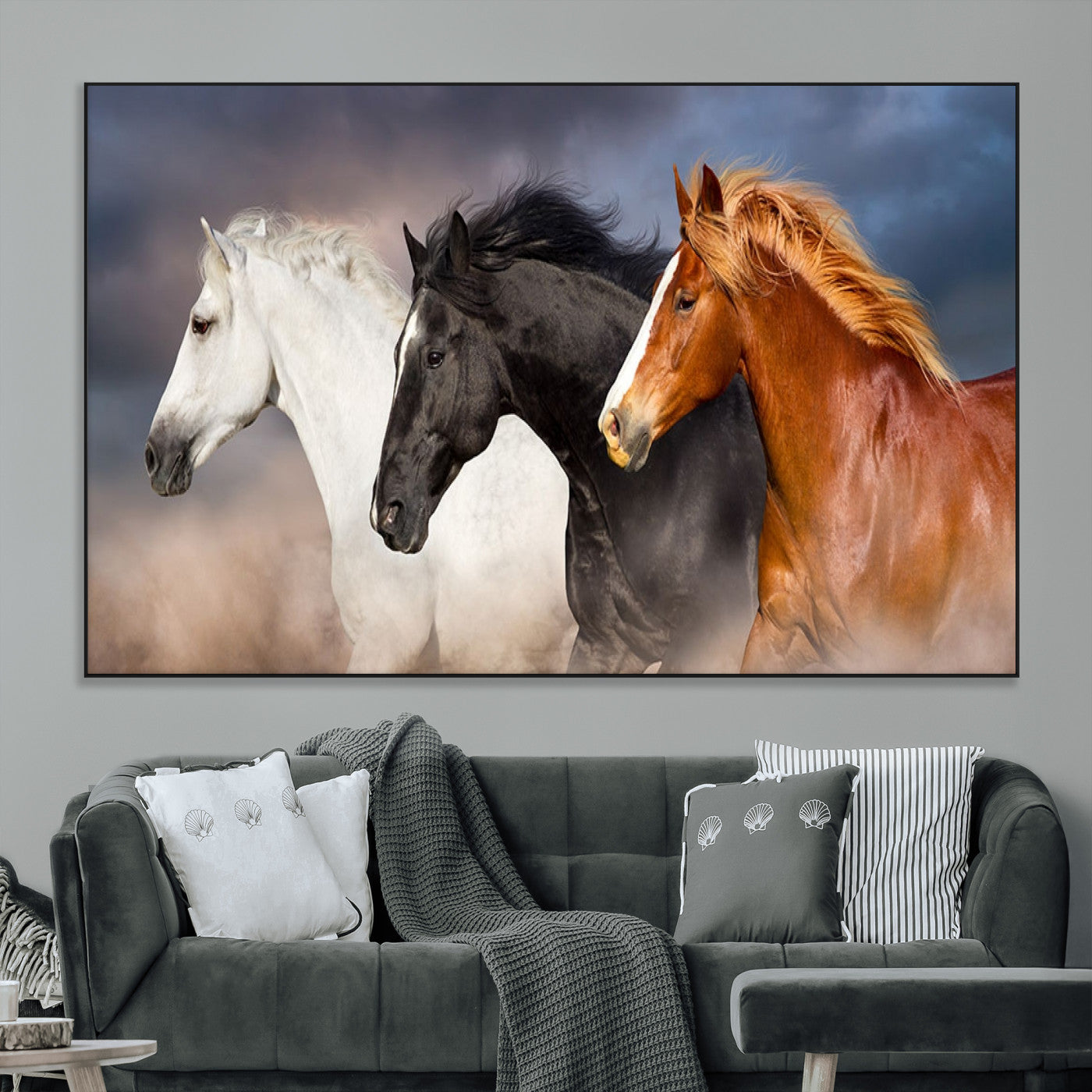 SEG-FC-51X34_Oversize - Animal Wall Art Three Horses Farmhouse Art Canvas, Framed Three Horses Canvas Print