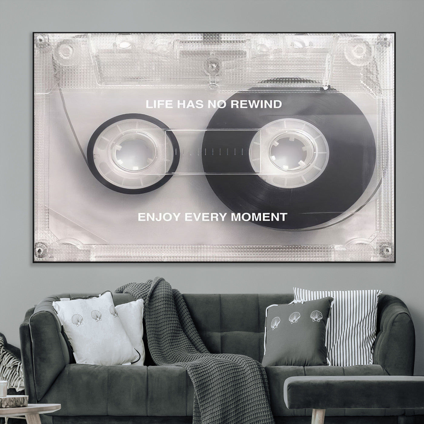 SEG-FC-51X34_Oversize - Vintage Cassette Tape Canvas Wall Art - Inspirational 'Life Has No Rewind' Quote, Retro Music Decor