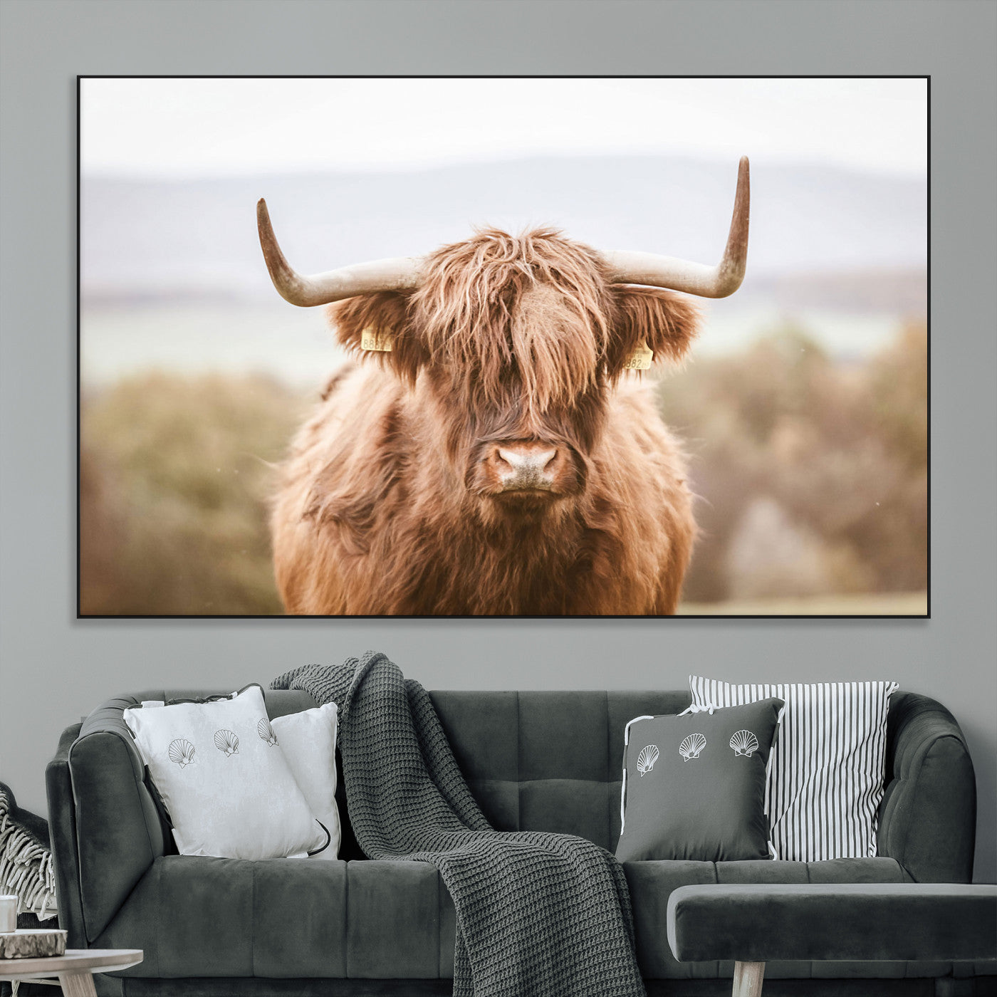 SEG-FC-51X34_Oversize - Scottish Serene Highland Cow Canvas Wall Art – Serene Highland Cow in Natural Pastel Tones – Ready