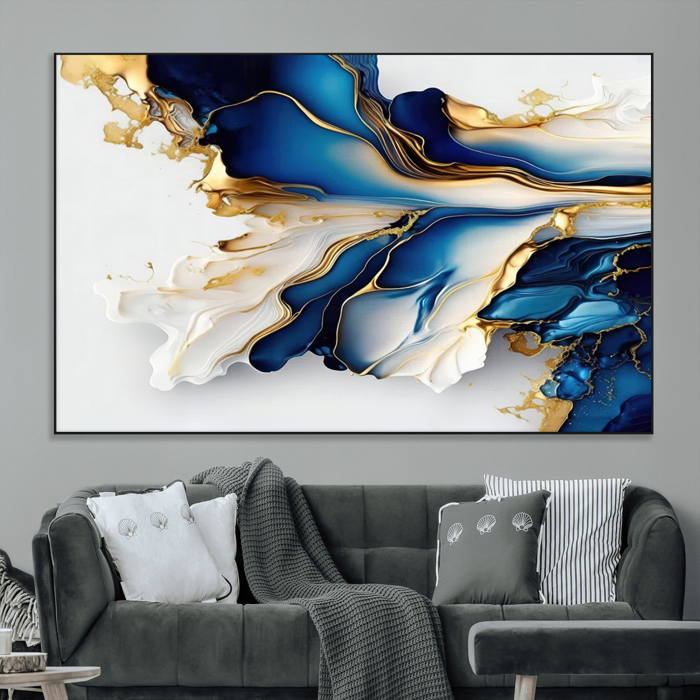 SEG-FC-51X34_Oversize - Gold Marble Art - Abstract Geode Gold And Blue Marble Shape 3 Pieces Wall Art Canvas Print