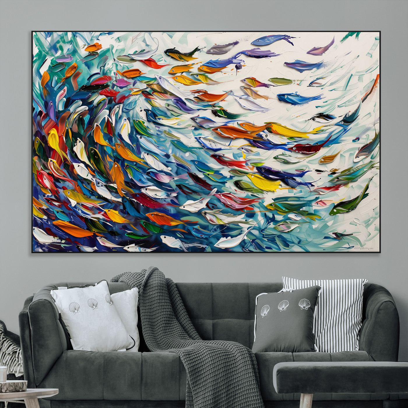 SEG-FC-51X34_Oversize - Modern Abstract Fish Shoal Wall Art Canvas Print, Colorful Fish Herd Painting on Canvas Print, Ocean