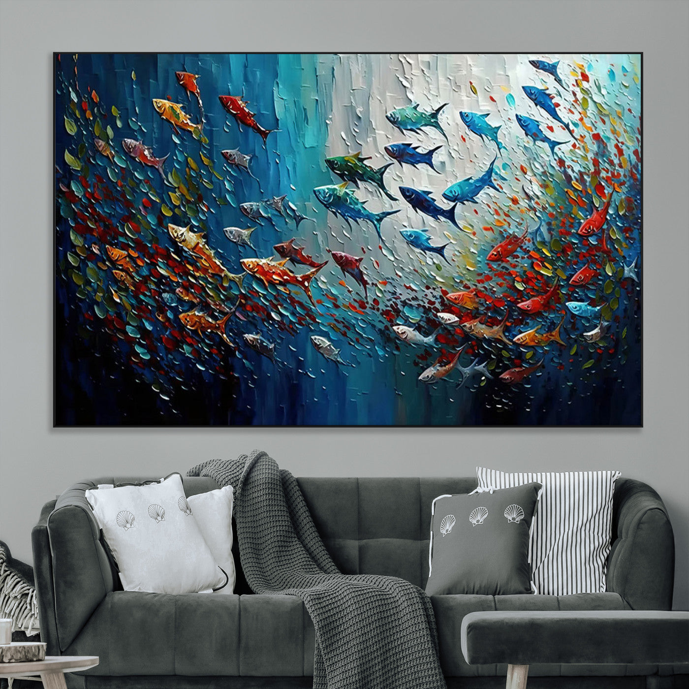 SEG-FC-51X34_Oversize - Modern Abstract Fish Shoal Wall Art Canvas Print, Colorful Fish Herd Painting on Canvas Print, Ocean