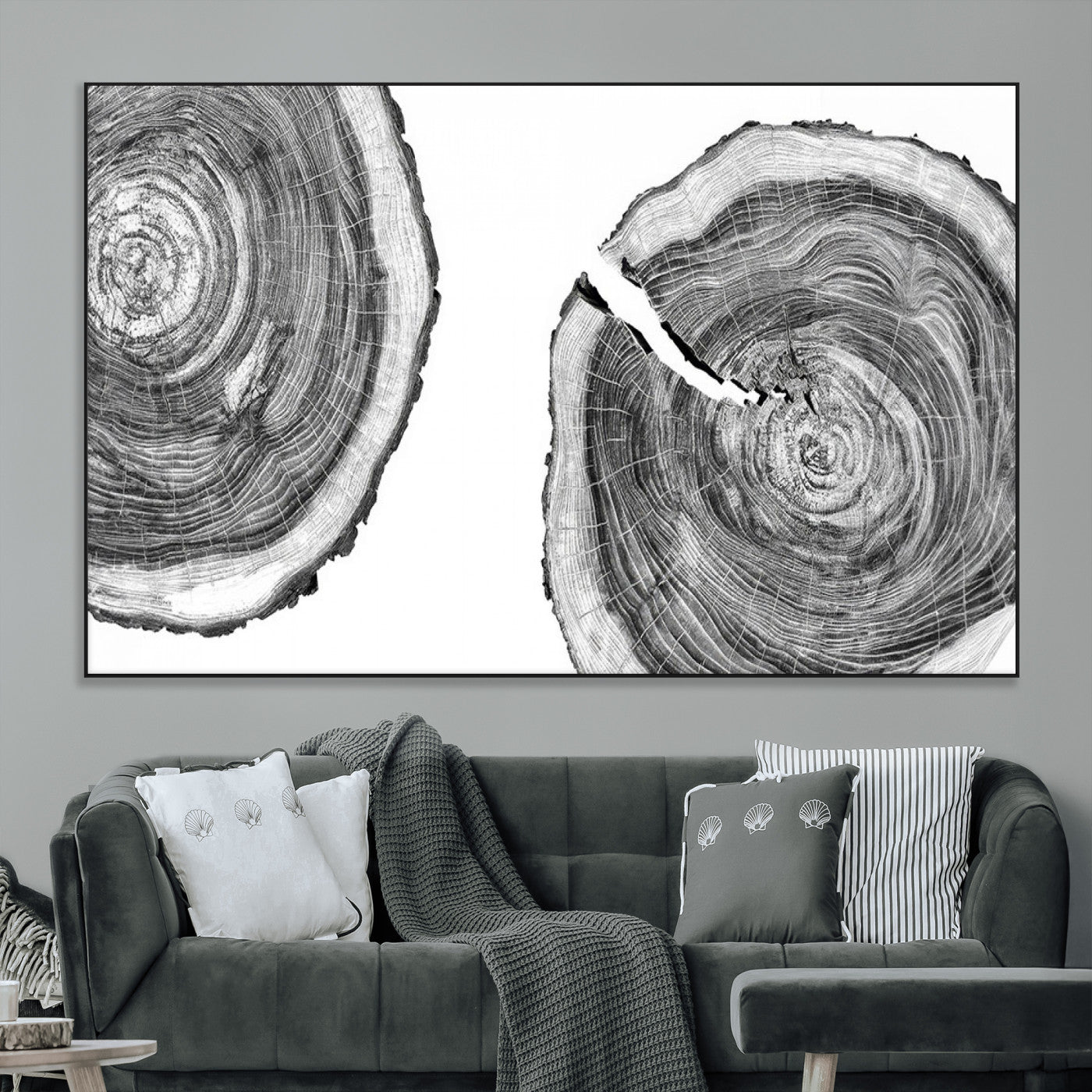 SEG-FC-51X34_Oversize - Modern Black and White Tree Rings Canvas Wall Art – Nature Inspired Wood Slice Print – Minimalist