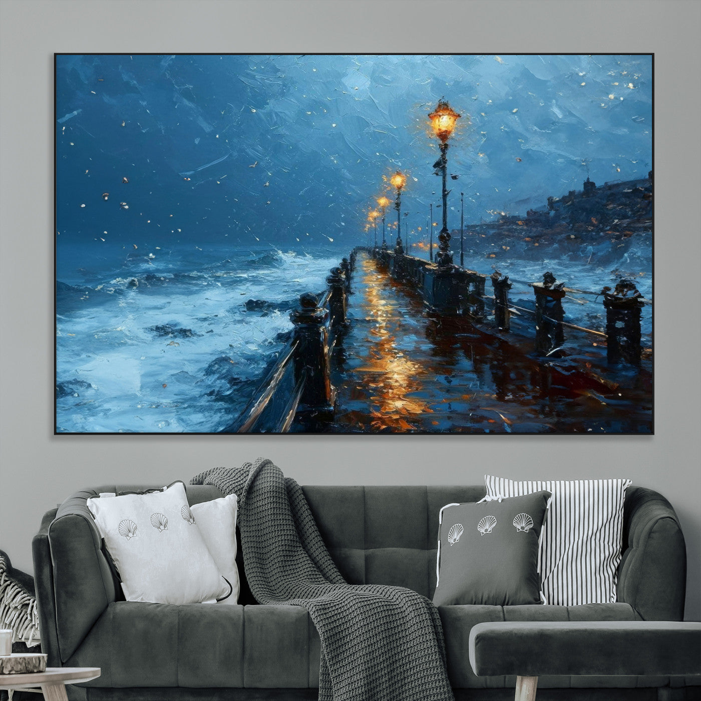 SEG-FC-51X34_Oversize - Stormy Night at Beach Pier Oil Painting Large Wall Art Print, Framed Canvas Nature Wall Decor,