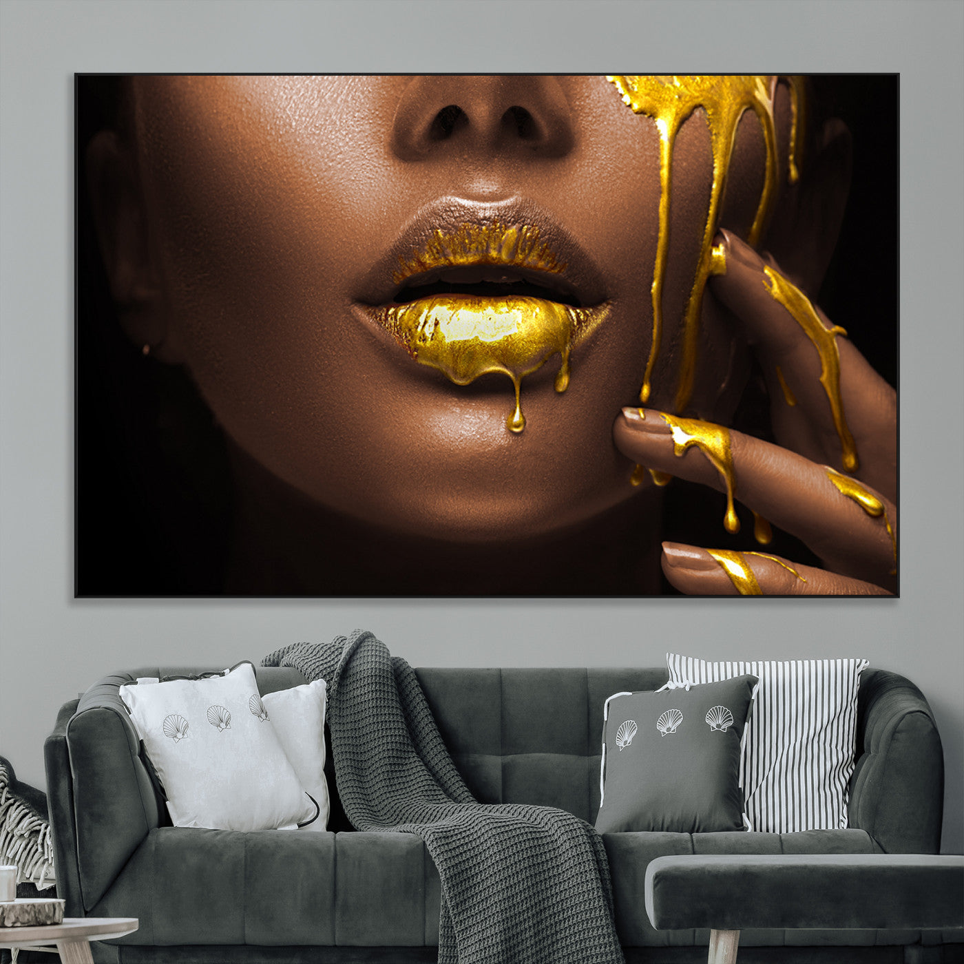 SEG-FC-51X34_Oversize - African American Art Black Woman Canvas Print, African Wall Art, Fashion African Woman Gold Lips