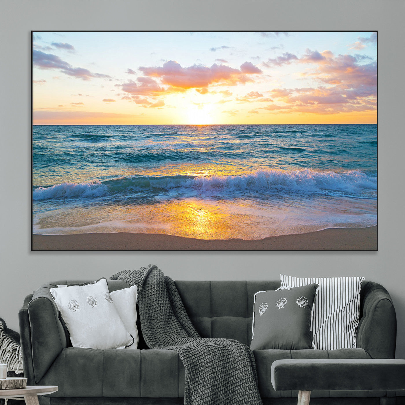 SEG-FC-51X34_Oversize - Golden Sunset Over Ocean Waves - Serene Coastal Triptych Wall Art for Relaxing Home Decor, Ready to