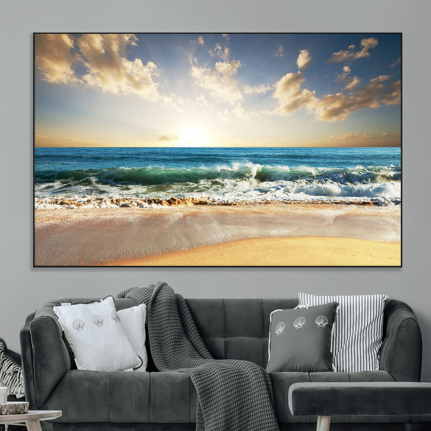 SEG-FC-51X34_Oversize - Golden Sunset Beach Triptych Canvas Wall Art for Living Room – 3-Panel Ocean View, Framed & Ready to