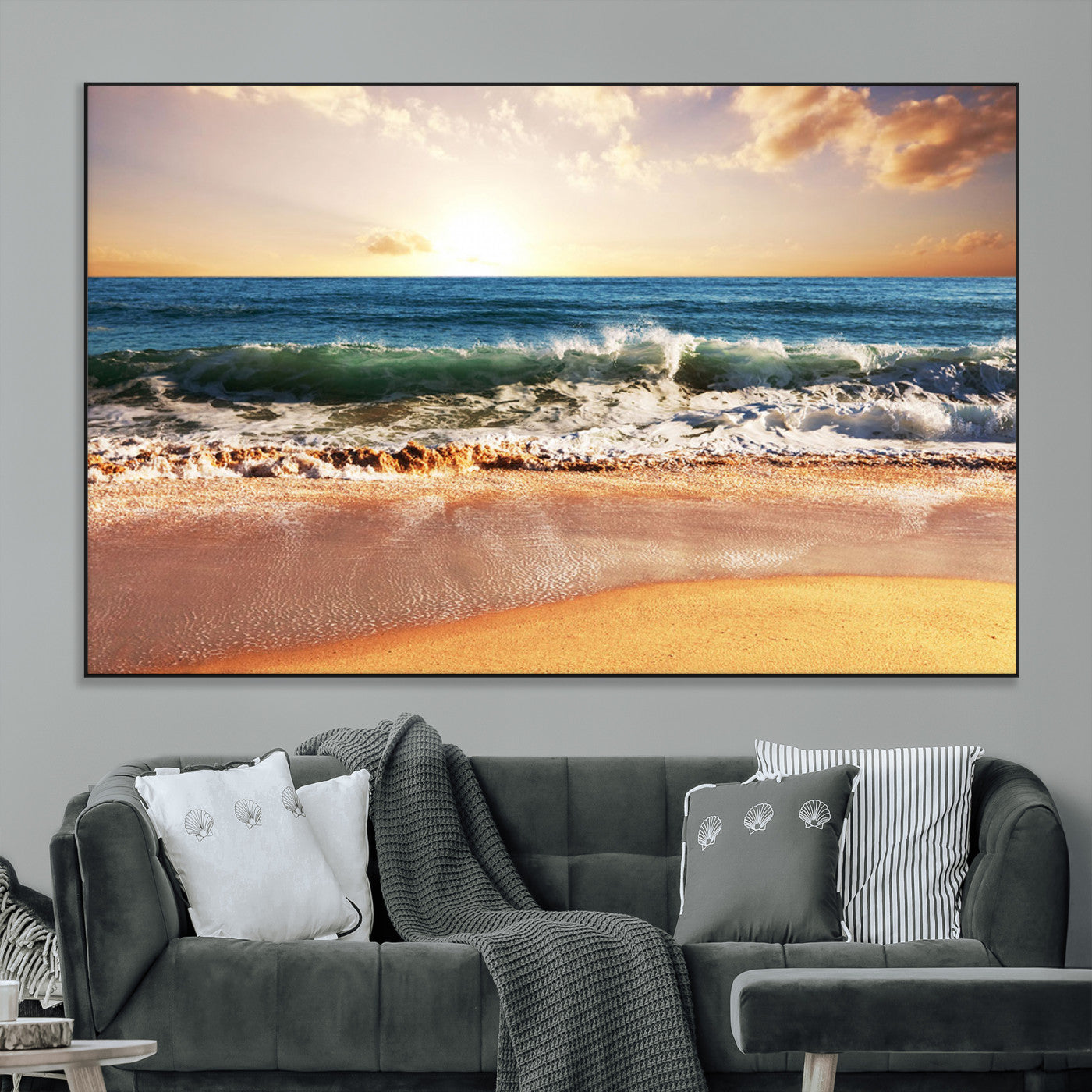 SEG-FC-51X34_Oversize - Sunset Beach Wall Art - 3-Panel Framed Canvas Print, Ready to Hang Ocean Sunset for Coastal and
