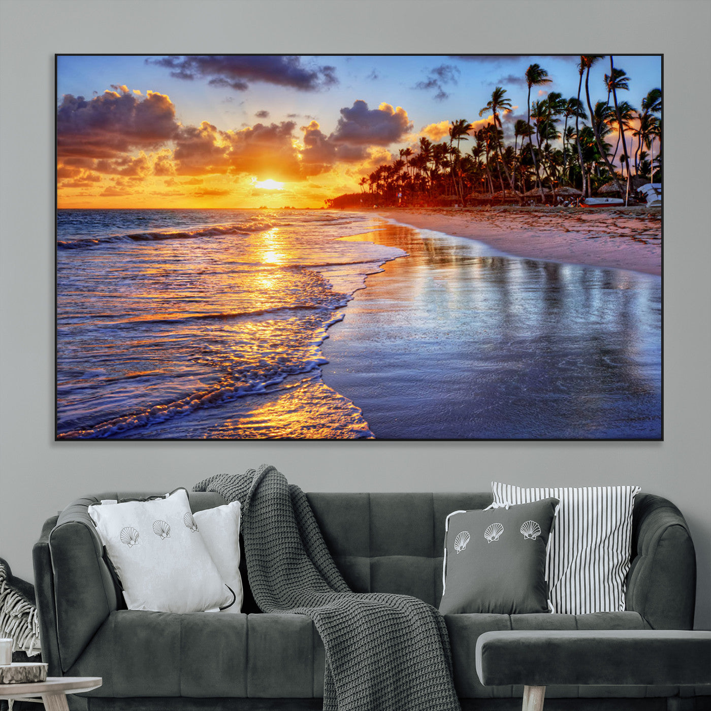 SEG-FC-51X34_Oversize - Serene Beach Sunset Wall Art Canvas- Coastal Seascape Print for Living Room or Bedroom, Ocean Waves