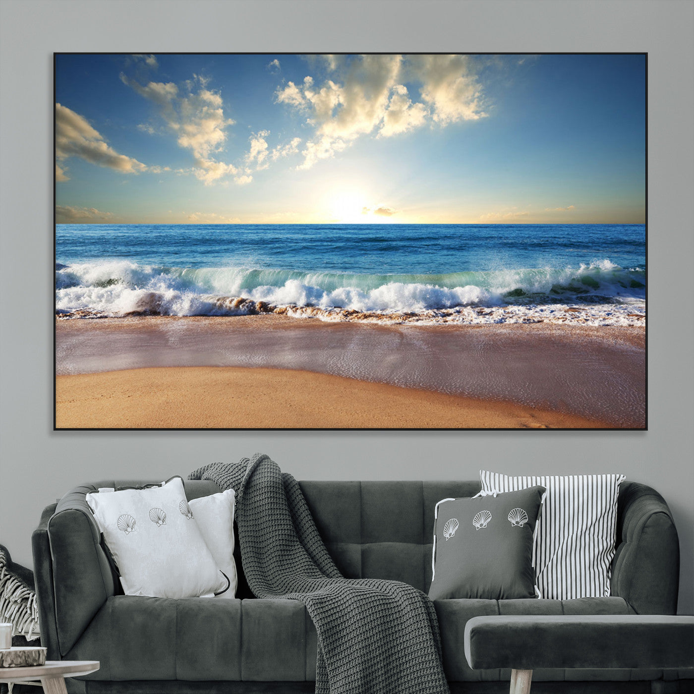 SEG-FC-51X34_Oversize - Serene Ocean Sunset Canvas Wall Art - Beach Waves at Sunset, Ready to Hang