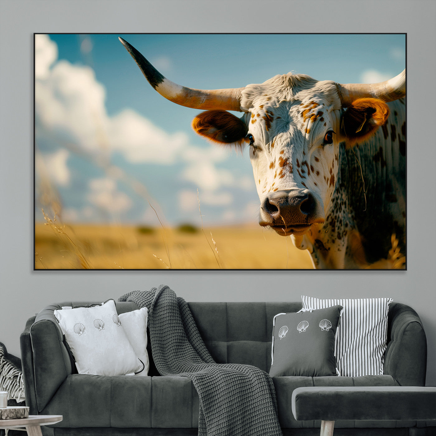 SEG-FC-51X34_Oversize - Longhorn in the Prairie - Stunning Ranch-Style Triptych Wall Art for Western Home Decor, Cowboy Wall