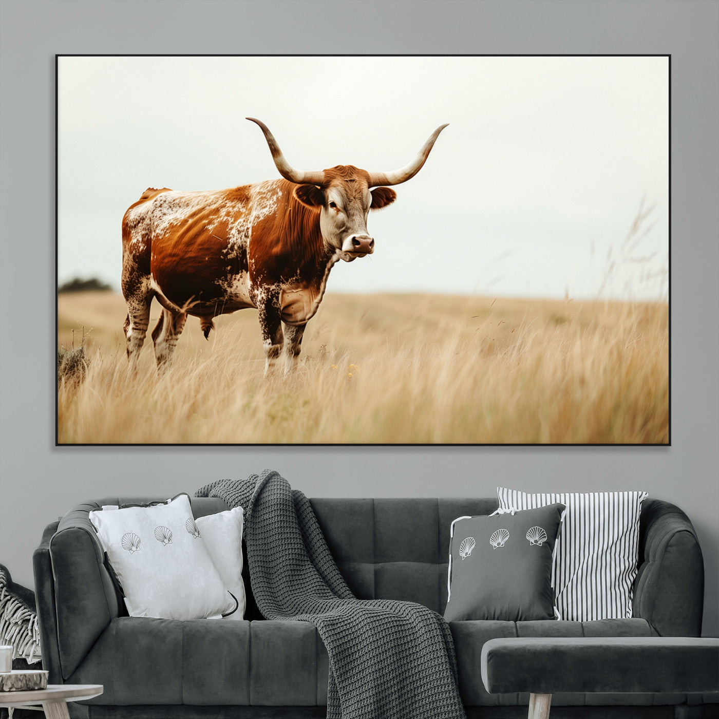 SEG-FC-51X34_Oversize - Texas Longhorn Canvas Wall Art Print – Majestic Western Cattle in Rustic Farmhouse Decor – Cow Wall