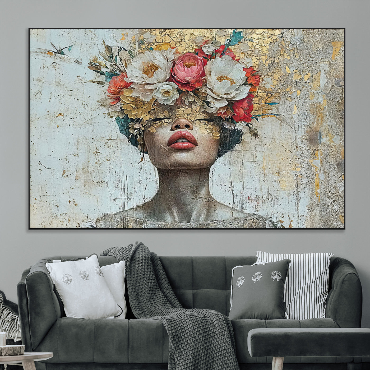 SEG-FC-51X34_Oversize - Golden Petal Wall Art Canvas Print - Silhouette Woman Wall Art Canvas Print, Floral Woman Portrait