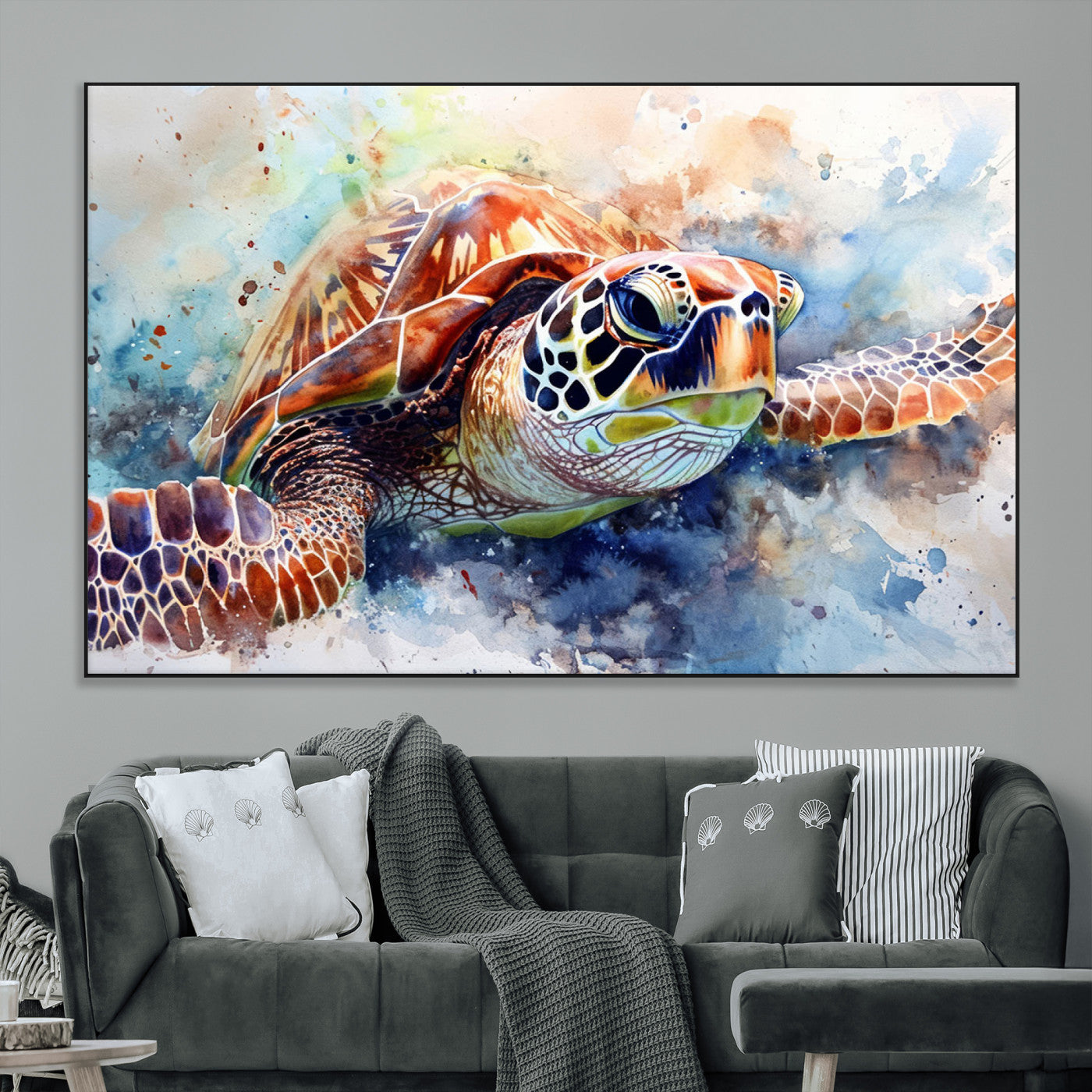 SEG-FC-51X34_Oversize - Watercolor Sea Turtle Wall Art Canvas Print - Vibrant Ocean Colors in Watercolor Style - Ready to