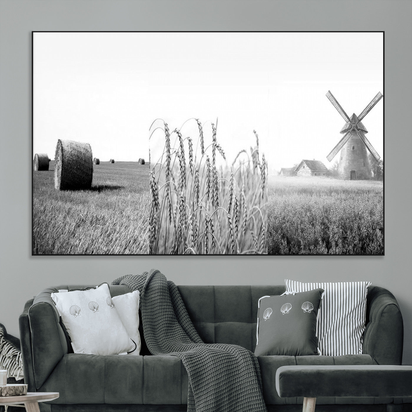 SEG-FC-51X34_Oversize - Vintage Farmhouse Black and White Triptych Wall Art – Giclee Canvas Featuring Wheat Fields, Hay