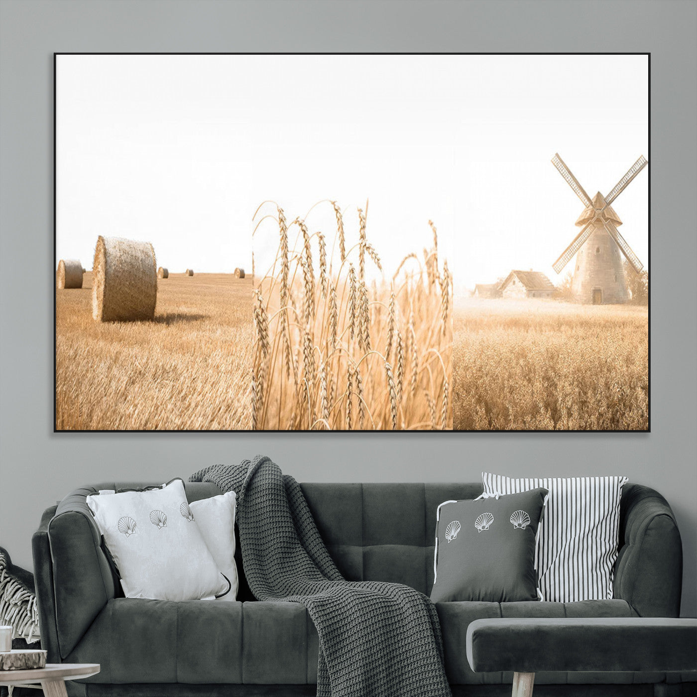 SEG-FC-51X34_Oversize - Vintage Farmhouse Triptych Wall Art – Giclée Canvas Featuring Wheat Fields, Hay Bales, and a
