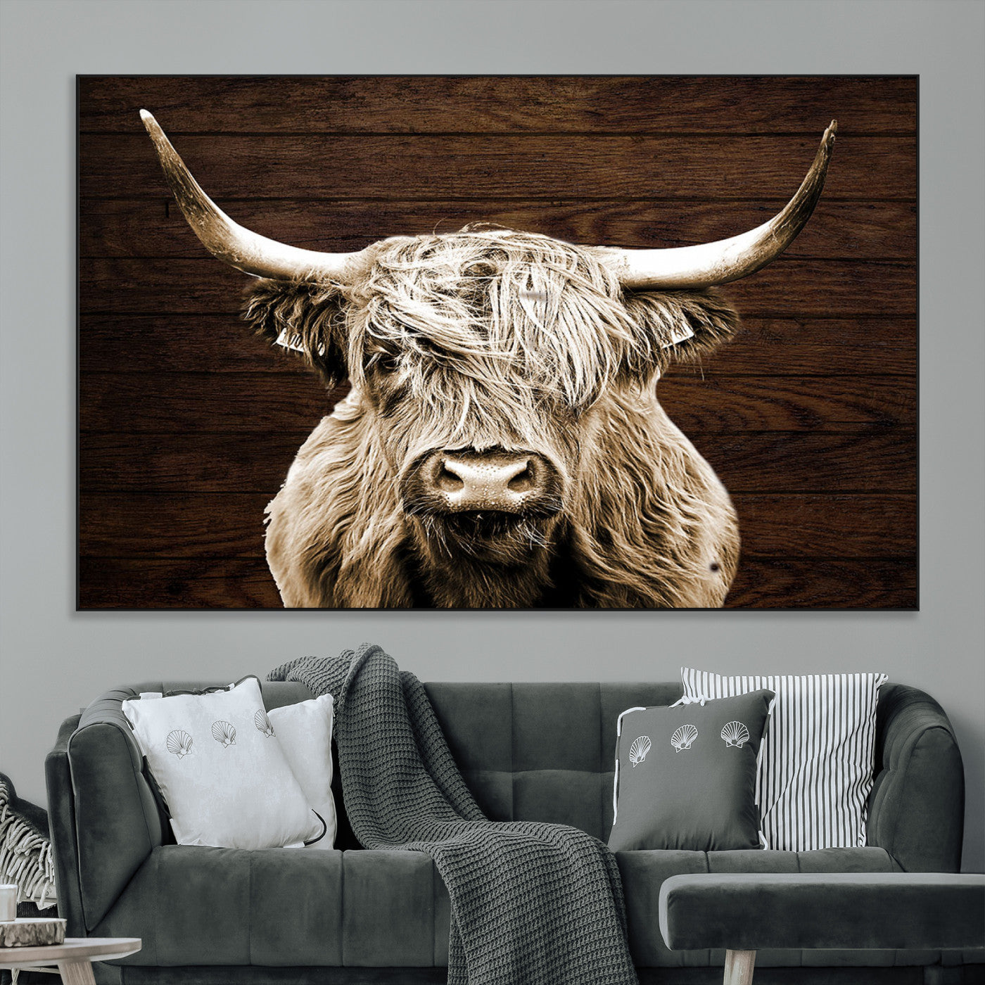 SEG-FC-51X34_Oversize - Highland Cow Wall Art Canvas Print, Rustic Farmhouse Decor, Majestic Scottish Highland Bull Portrait