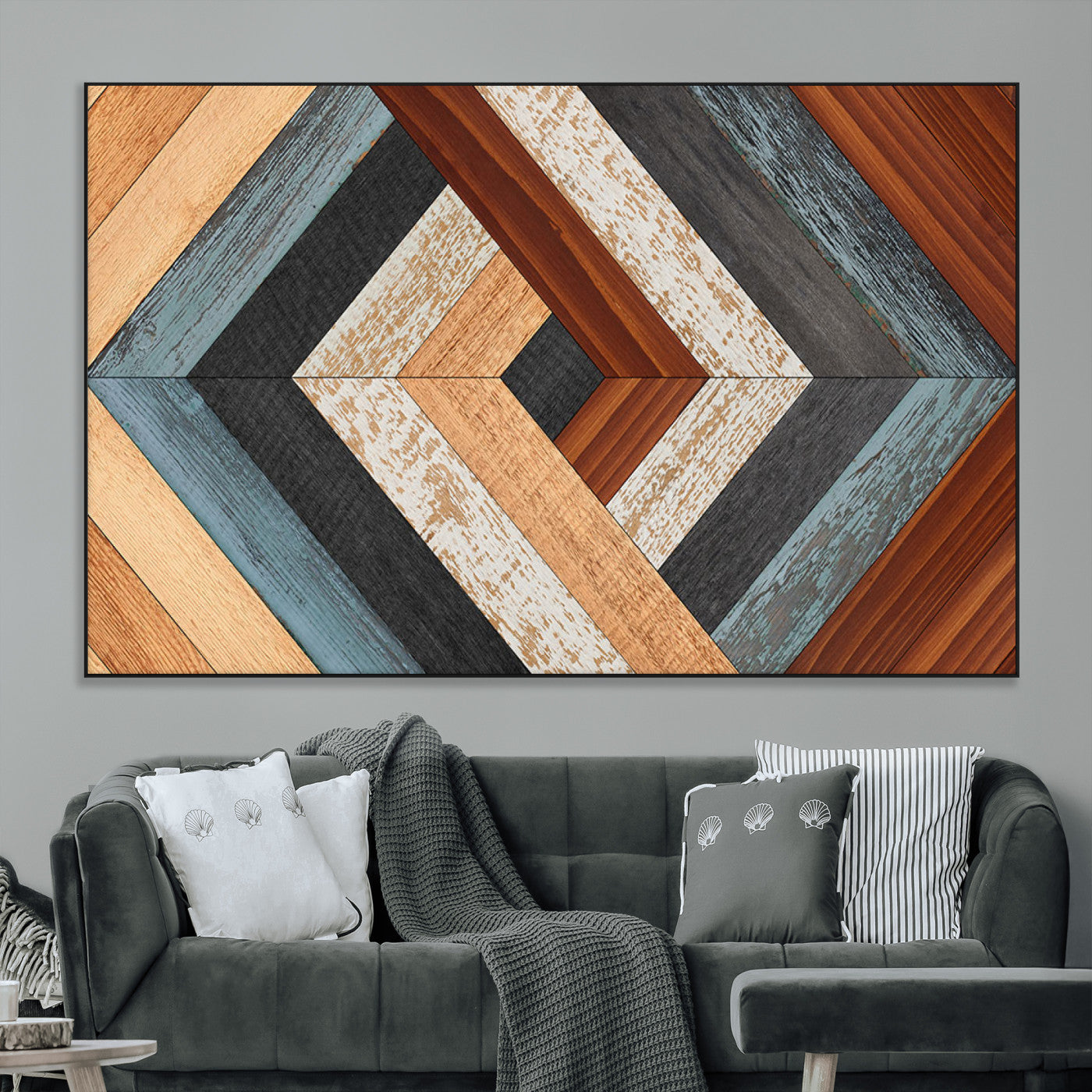 SEG-FC-51X34_Oversize - Geometric Wood Art Wall Decor Canvas Print, Rustic Wooden Pattern Triptych Wall Art for Living Room