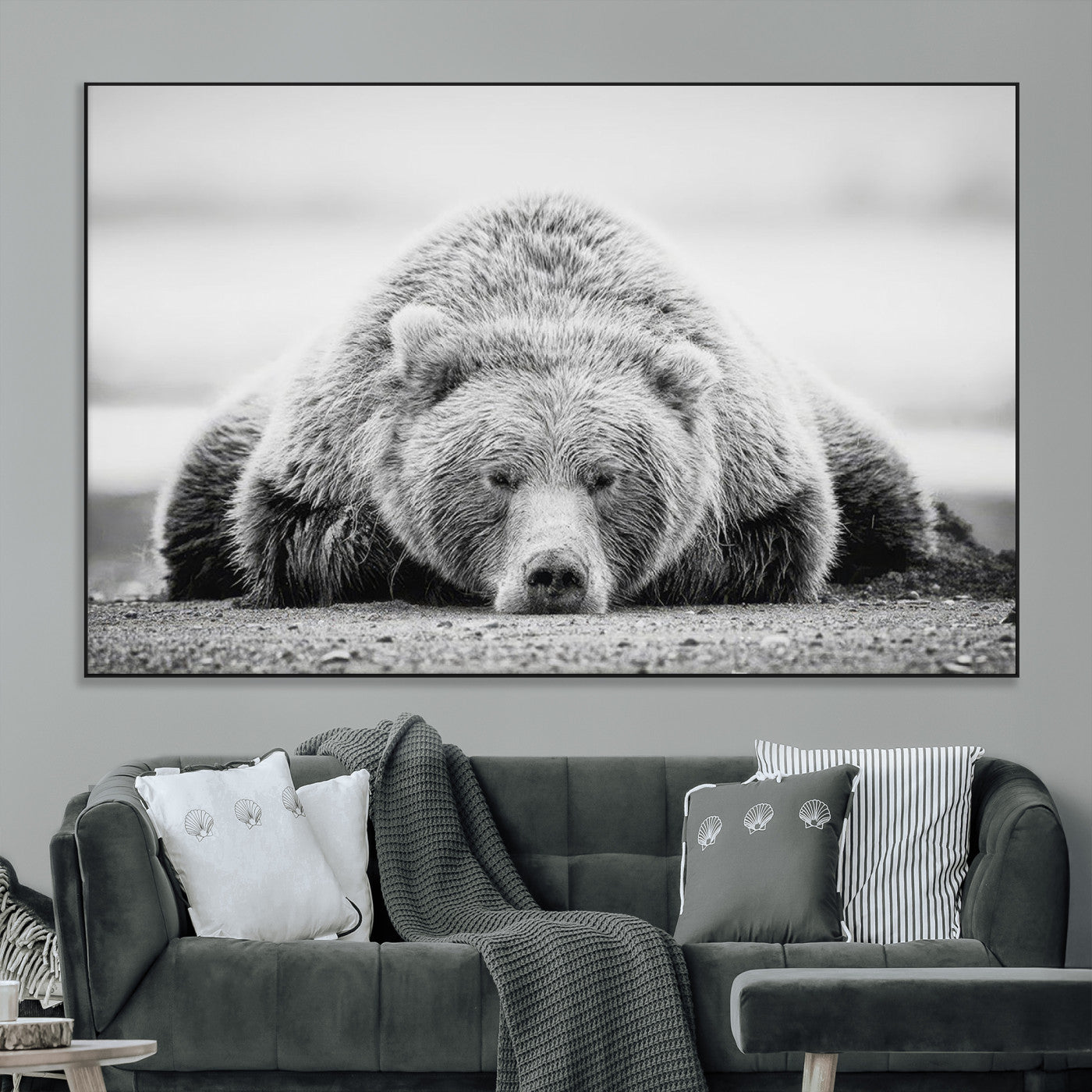 SEG-FC-51X34_Oversize - Resting Grizzly Bear Wall Art Canvas Print – Majestic Lazy Black and White Wildlife Bear Art,