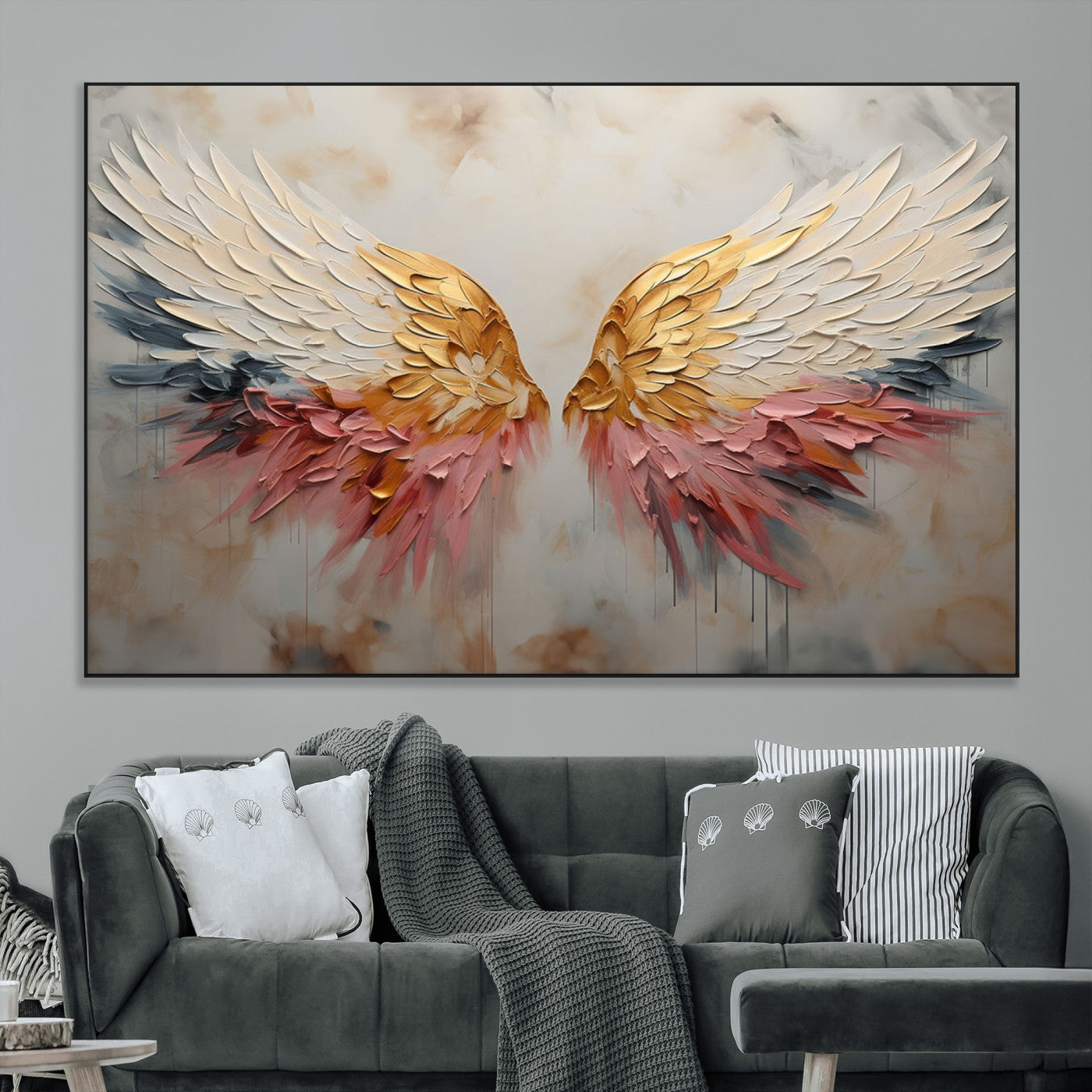 SEG-FC-51X34_Oversize - Golden Angel Wings Wall Art Canvas Print – Stunning Abstract Winged Art for Elegant Home Decor –