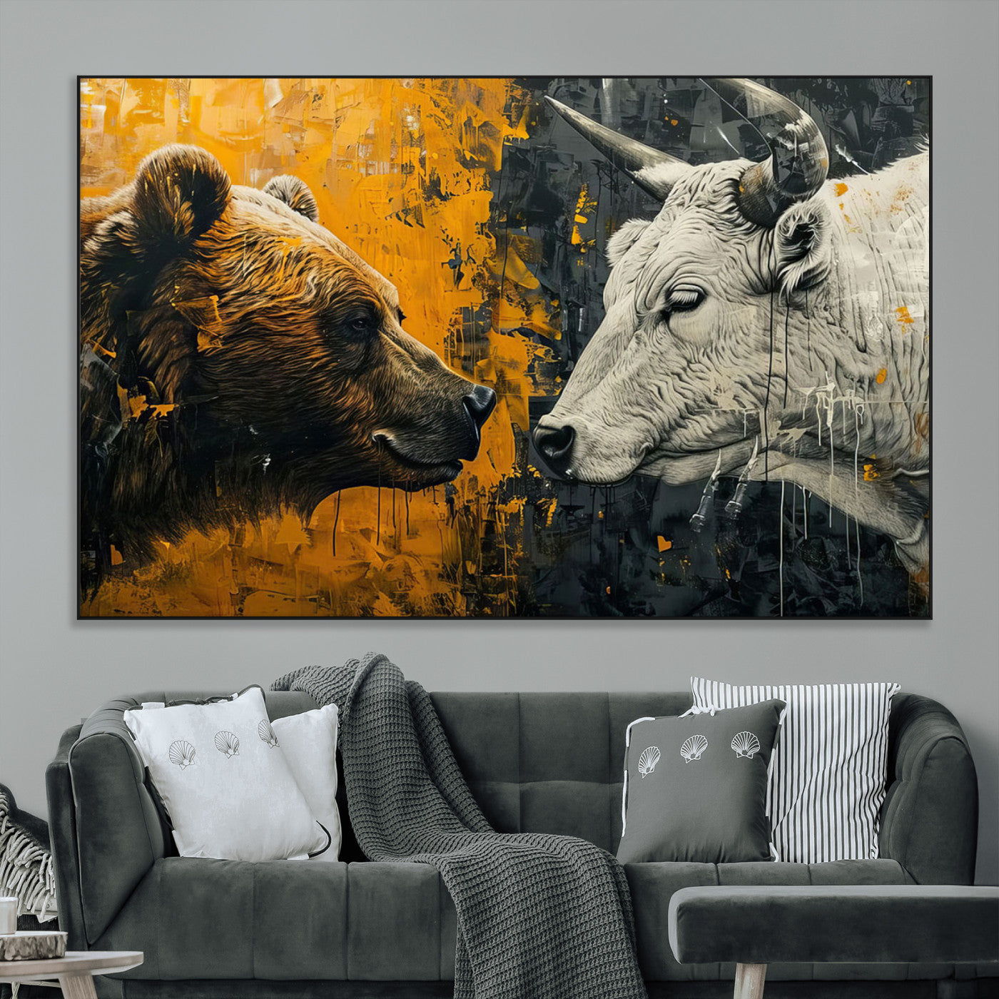 SEG-FC-51X34_Oversize - Bear and Bull Wall Art Canvas Print – Abstract Animal Portrait Painting for Modern Home Decor –