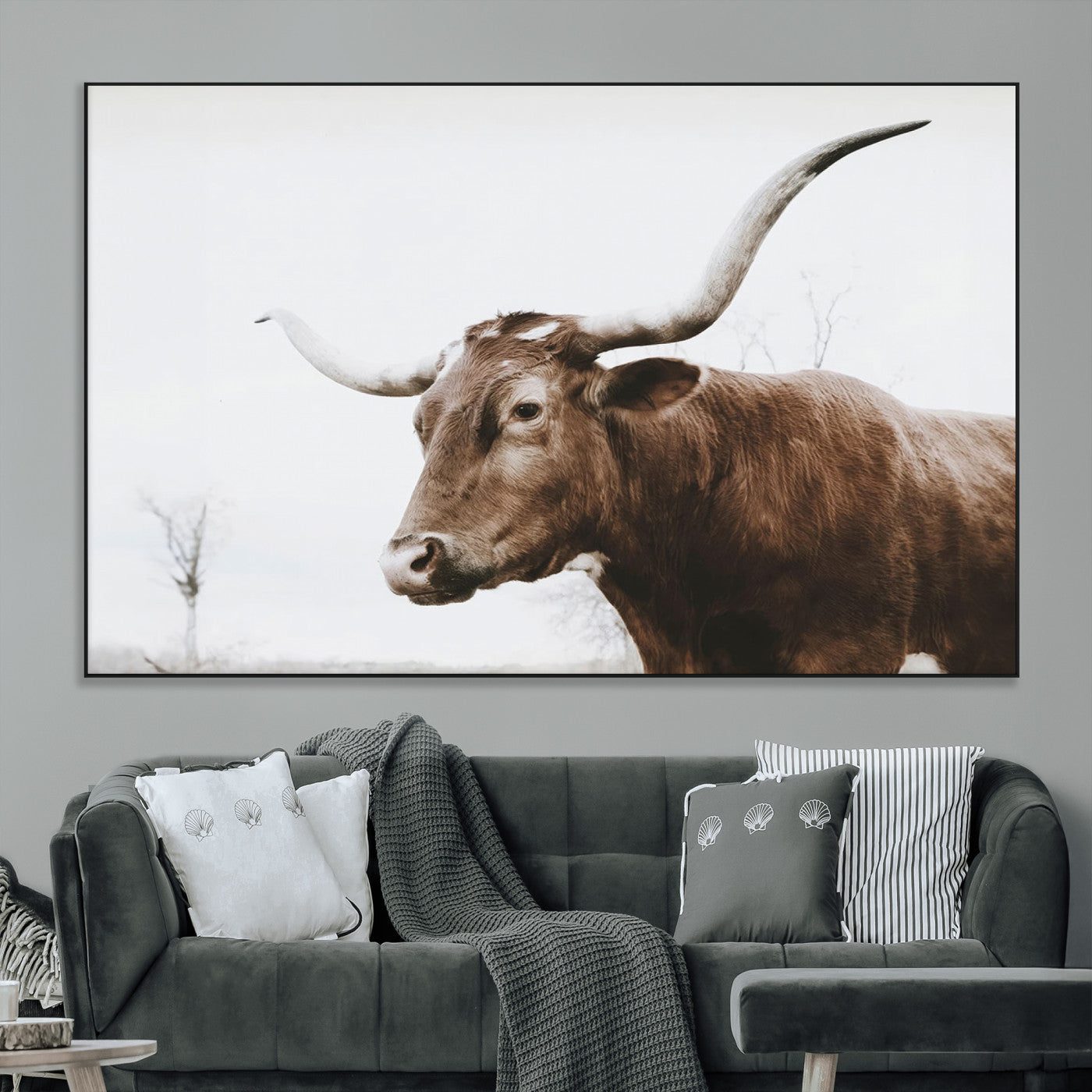 SEG-FC-51X34_Oversize - Rustic Bull Wall Art Canvas Print – Modern Longhorn Farmhouse Animal Decor – Abstract Farm Cow