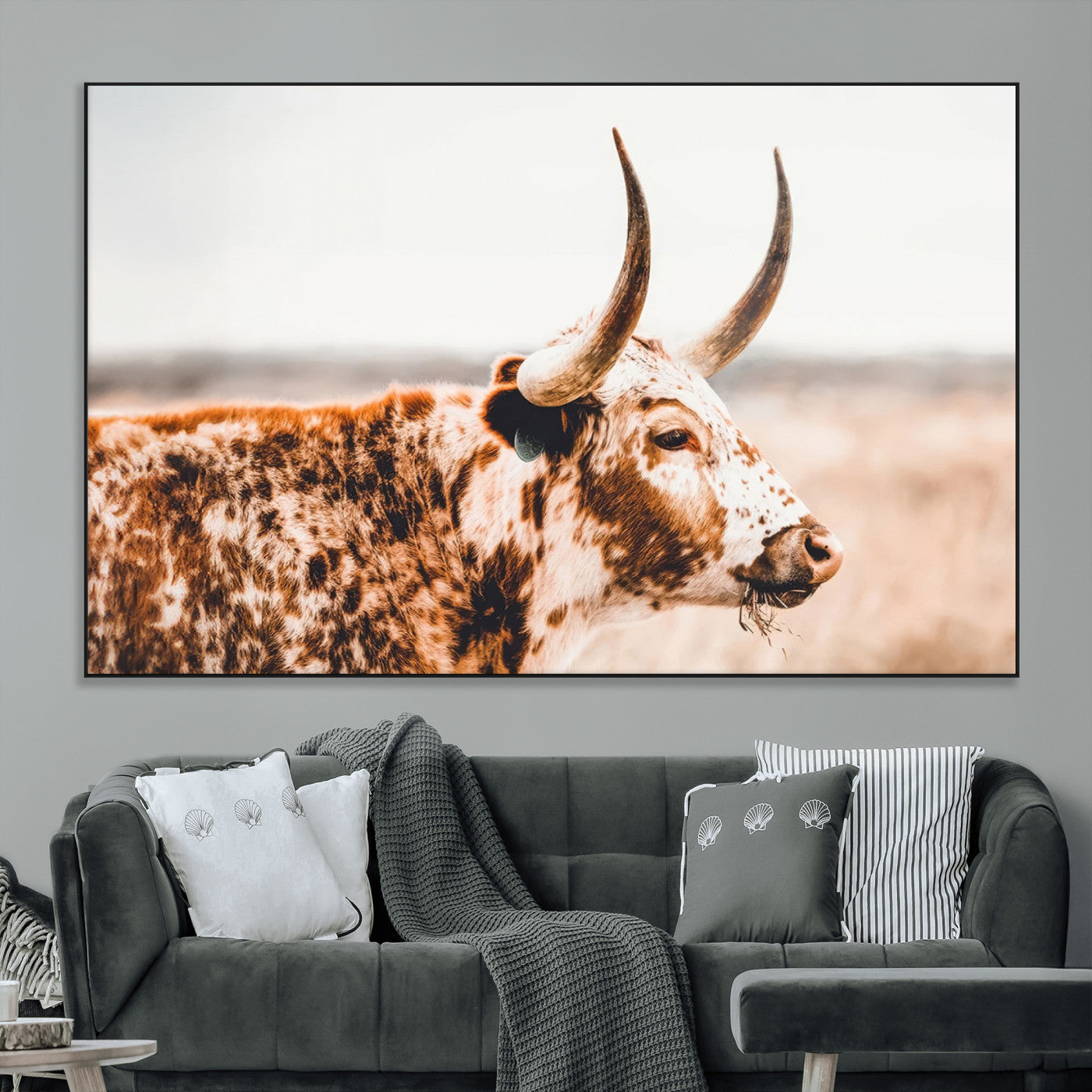 -Speckled Bull Wall Art Canvas Print – Rustic Cow Longhorn Farmhouse Animal Decor – Western Longhorn