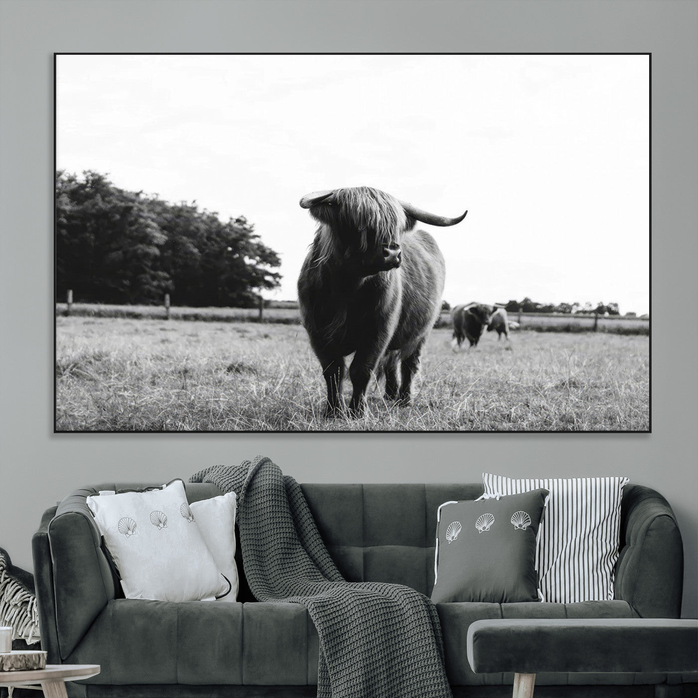 SEG-FC-51X34_Oversize - Black and White Highland Cow Wall Art Canvas Print | Rustic Western Decor for Living Room or Office,