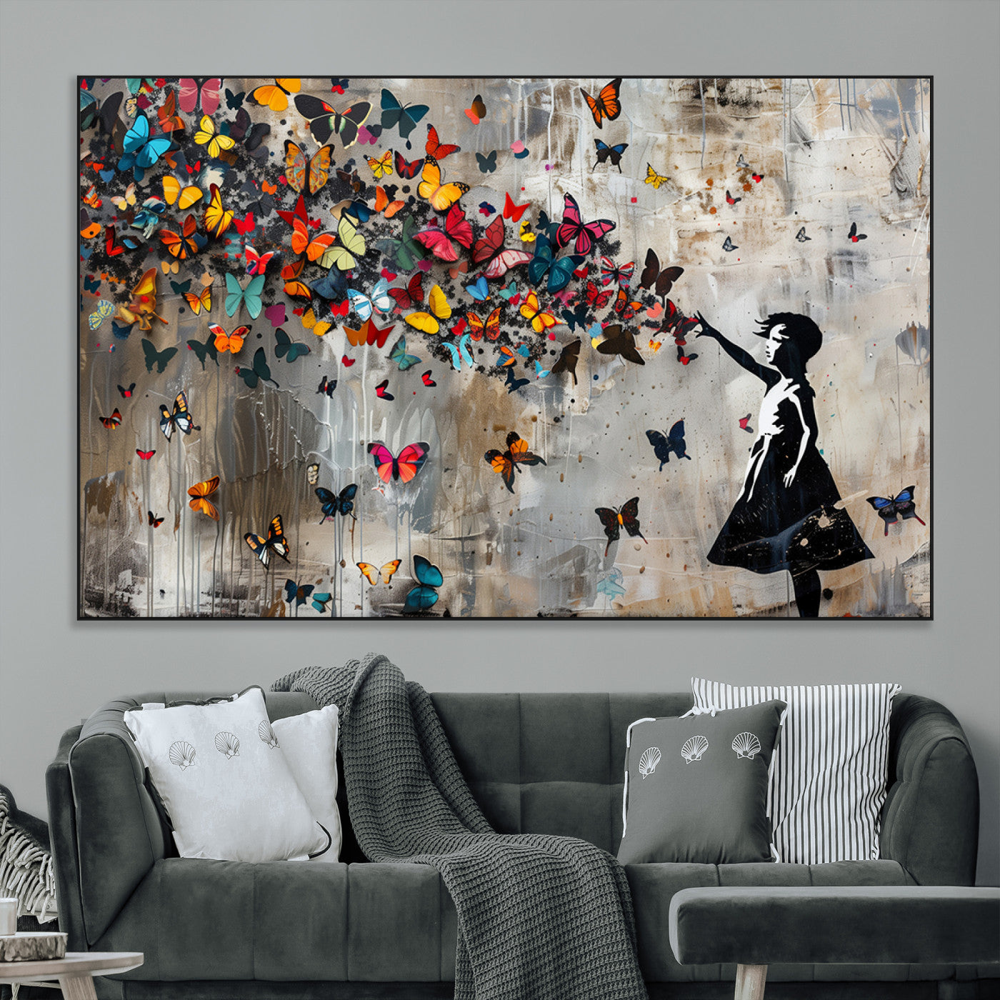 SEG-FC-51X34_Oversize - Banksy Wall Art - Banksy Girl and Butterfly Explosion Wall Art Canvas Print | Girl with Butterflies
