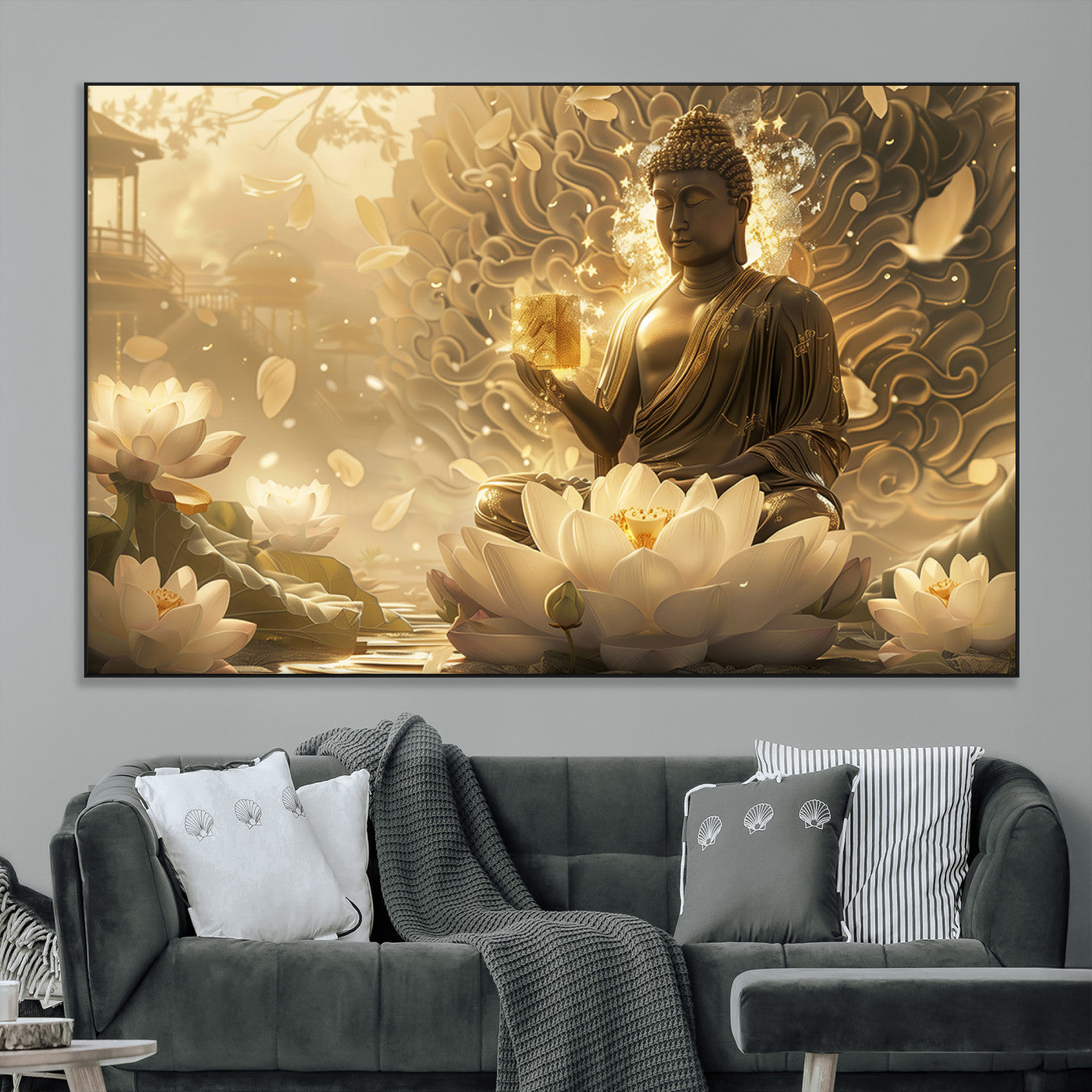 SEG-FC-51X34_Oversize - Golden Buddha Wall Art | Yoga Room Decor and Meditation Room Wall Art | Framed and Ready to Hang