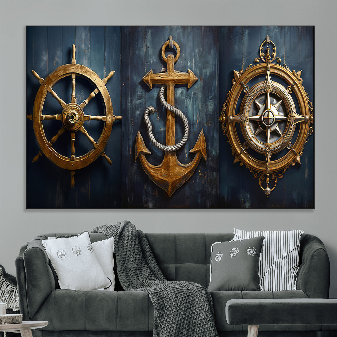SEG-FC-51X34_Oversize - Boat Anchor Compass With Rope Wall Art Canvas Print | Beach House Wall Art