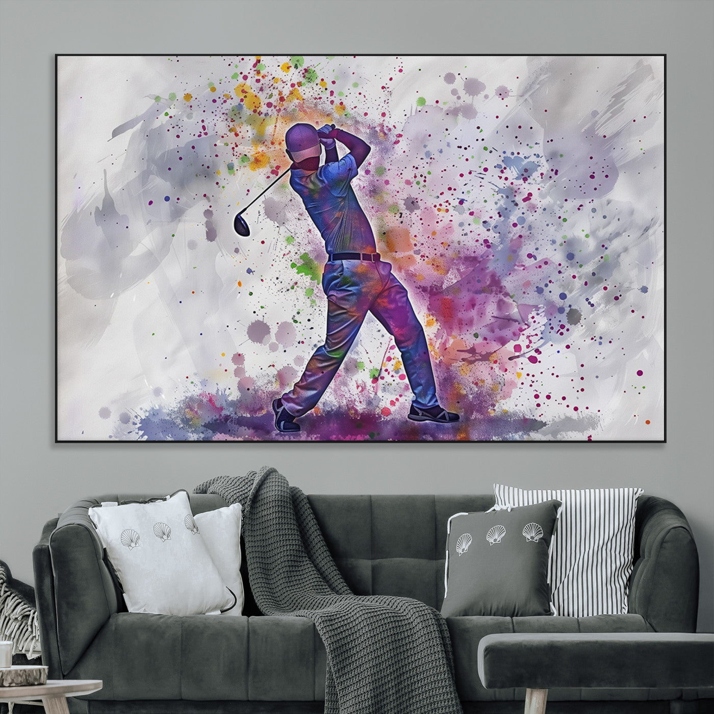 SEG-FC-51X34_Oversize - Watercolor Golf Swing Wall Art Canvas Print | Vibrant Abstract Golf Player Silhouette |