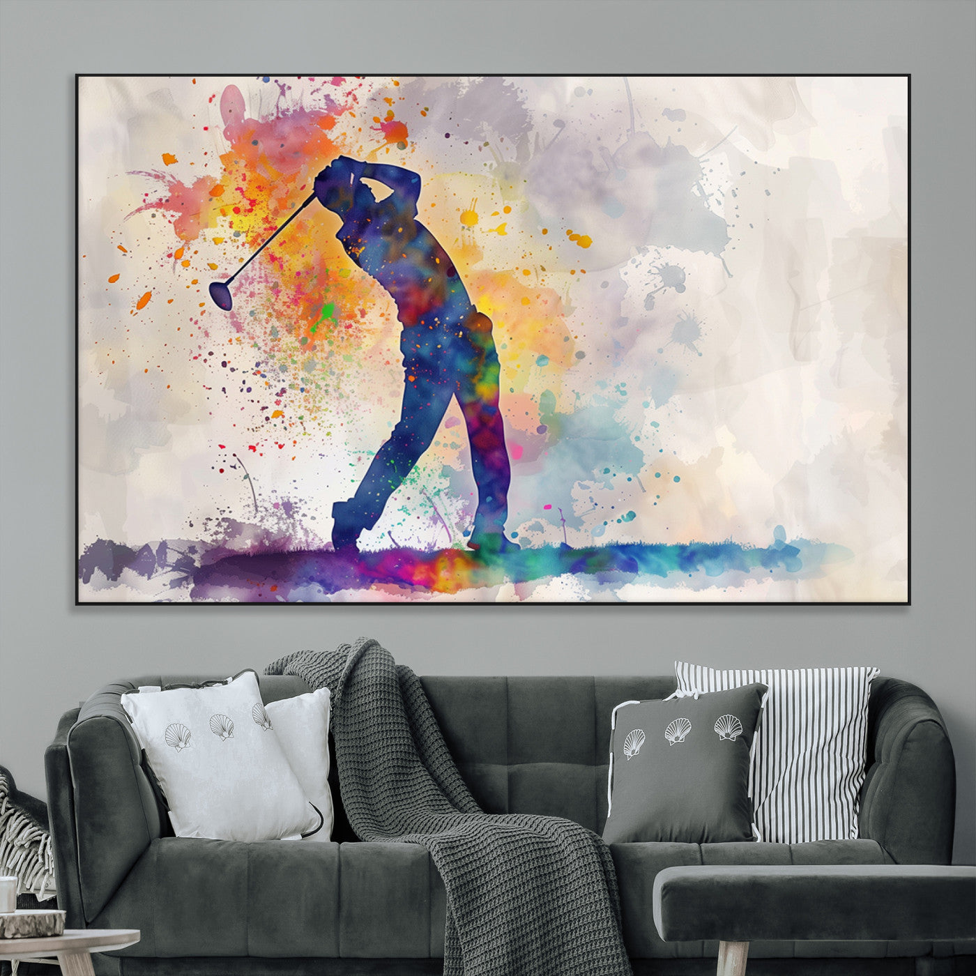 SEG-FC-51X34_Oversize - Watercolor Golf Swing Wall Art Canvas Print | Vibrant Abstract Golf Player Silhouette |