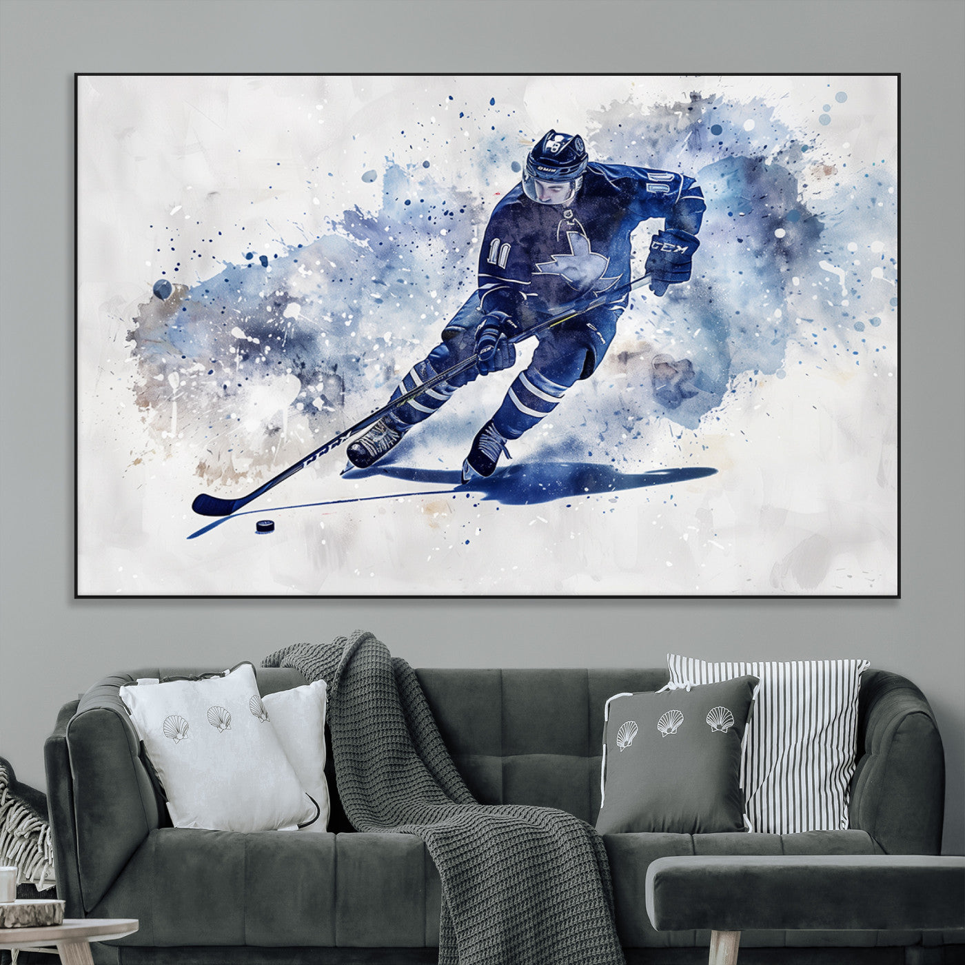 SEG-FC-51X34_Oversize - Hockey Player Wall Art Canvas Print - Sports-Inspired Watercolor Decor - Ready to Hang