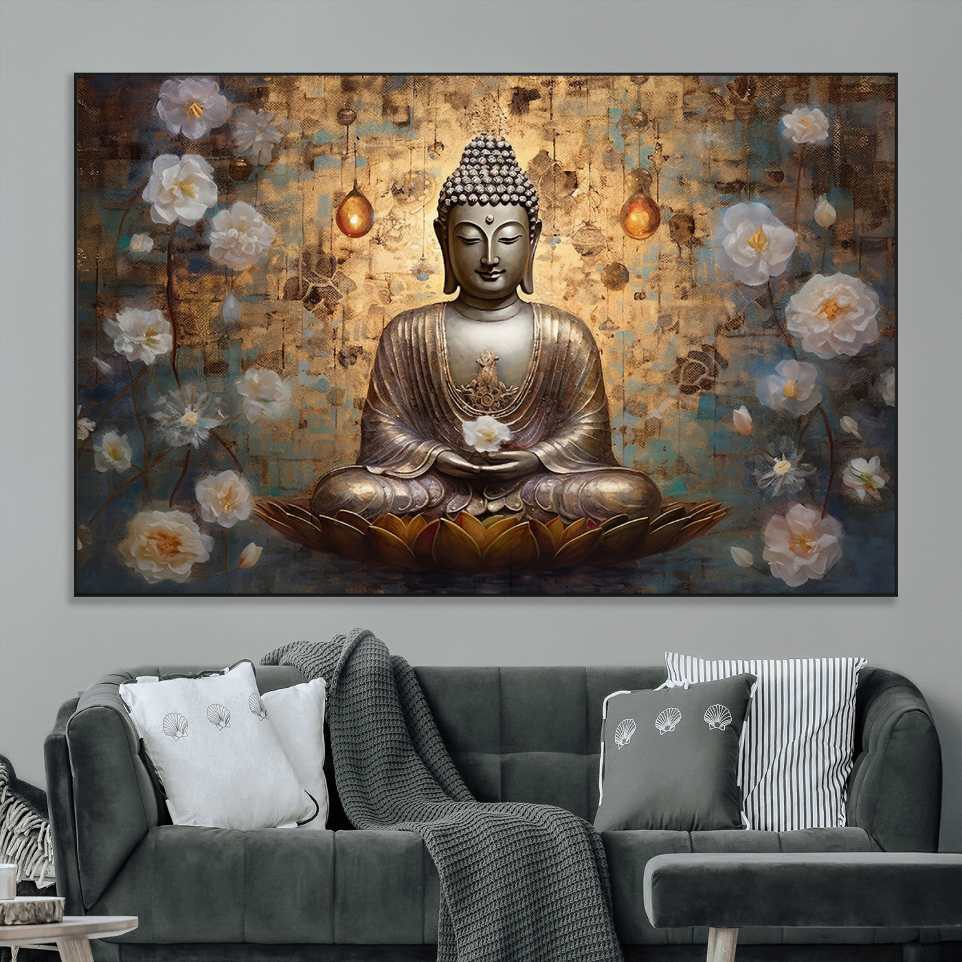 SEG-FC-51X34_Oversize - Golden Buddha Wall Art Canvas Print | Zen Meditation Floral Decor | Tranquil Spiritual Home Art |