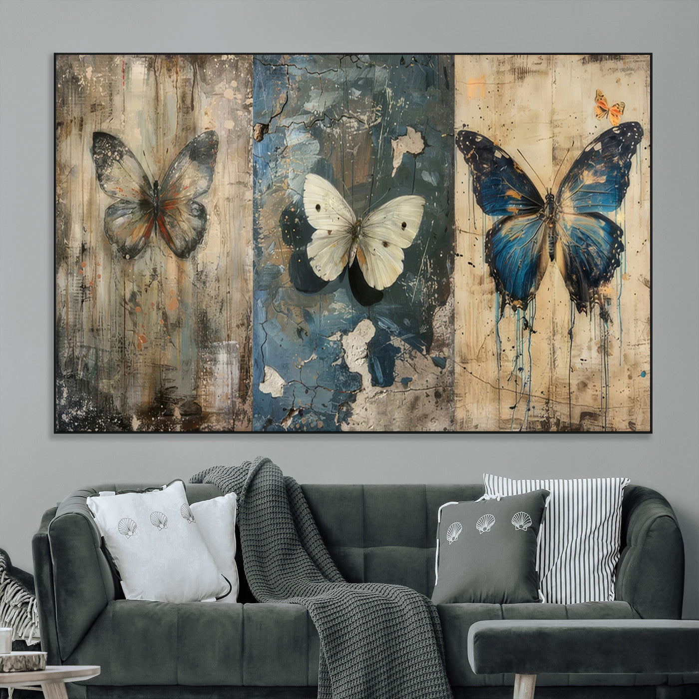 SEG-FC-51X34_Oversize - Butterfly Wall Art Trio | Vintage Butterfly Canvas Print | Ready to Hang Framed Artwork for