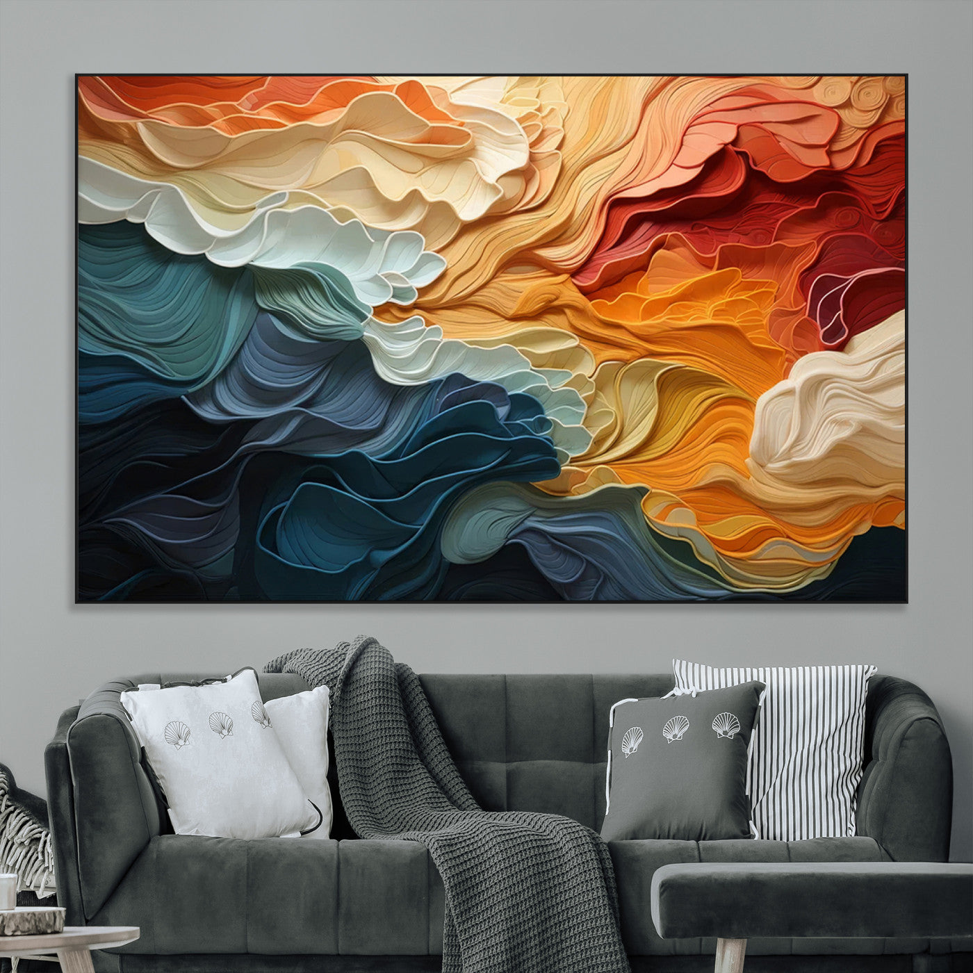 SEG-FC-51X34_Oversize - Blue Orange Abstract Wave Wall Art Canvas Print, Framed Blue Orange Wave Wall Art
