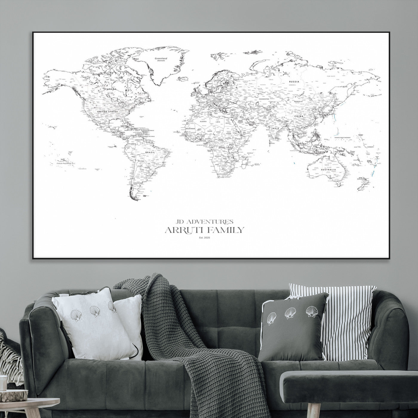 SEG-FC-51X34_Oversize - Custom World Map Wall Art – Personalized Framed Canvas Print with Push Pins for Travel Tracking,