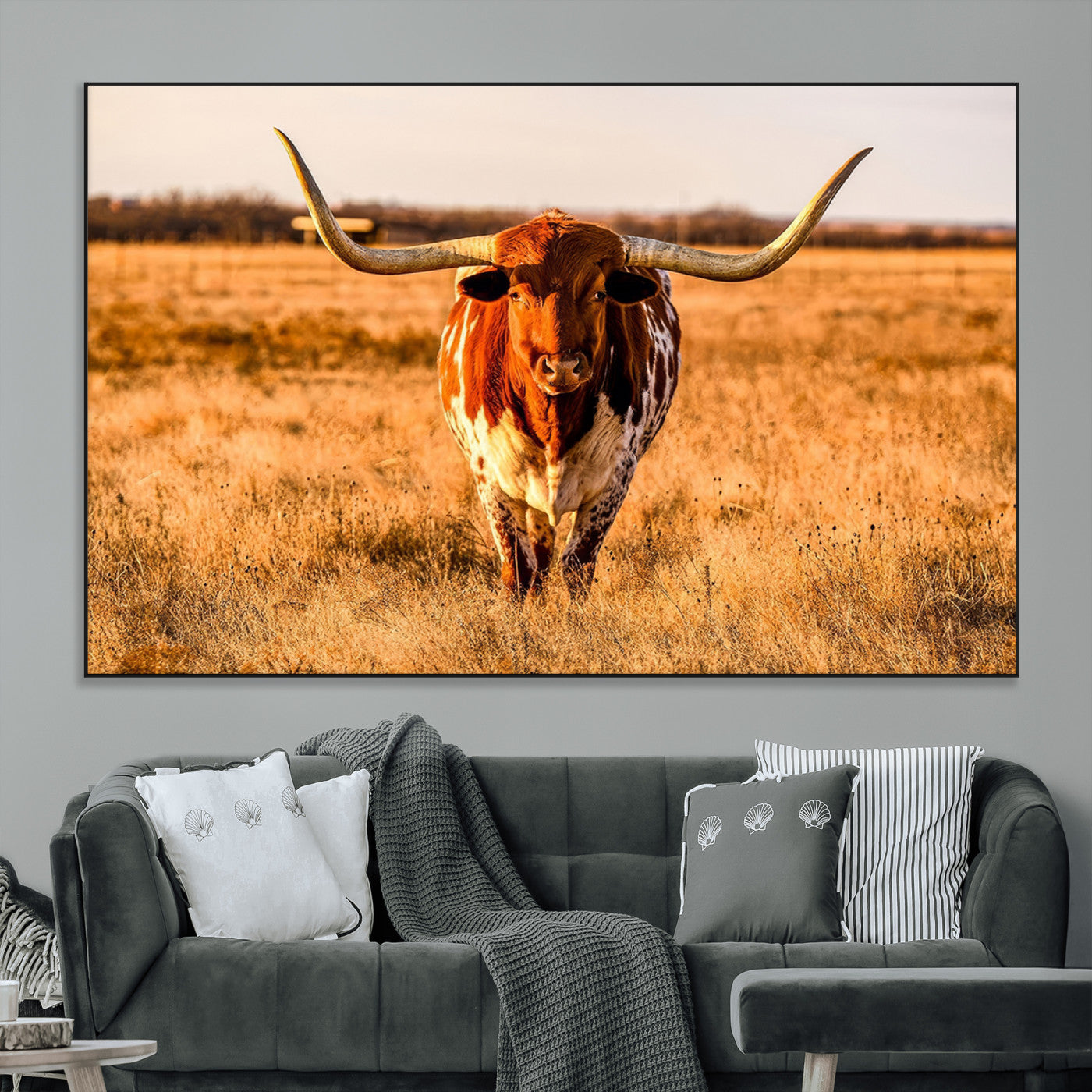 SEG-FC-51X34_Oversize - Longhorn Cow Wall Art | Ready to Hang Framed Canvas Print for Farmhouse and Barn Decor