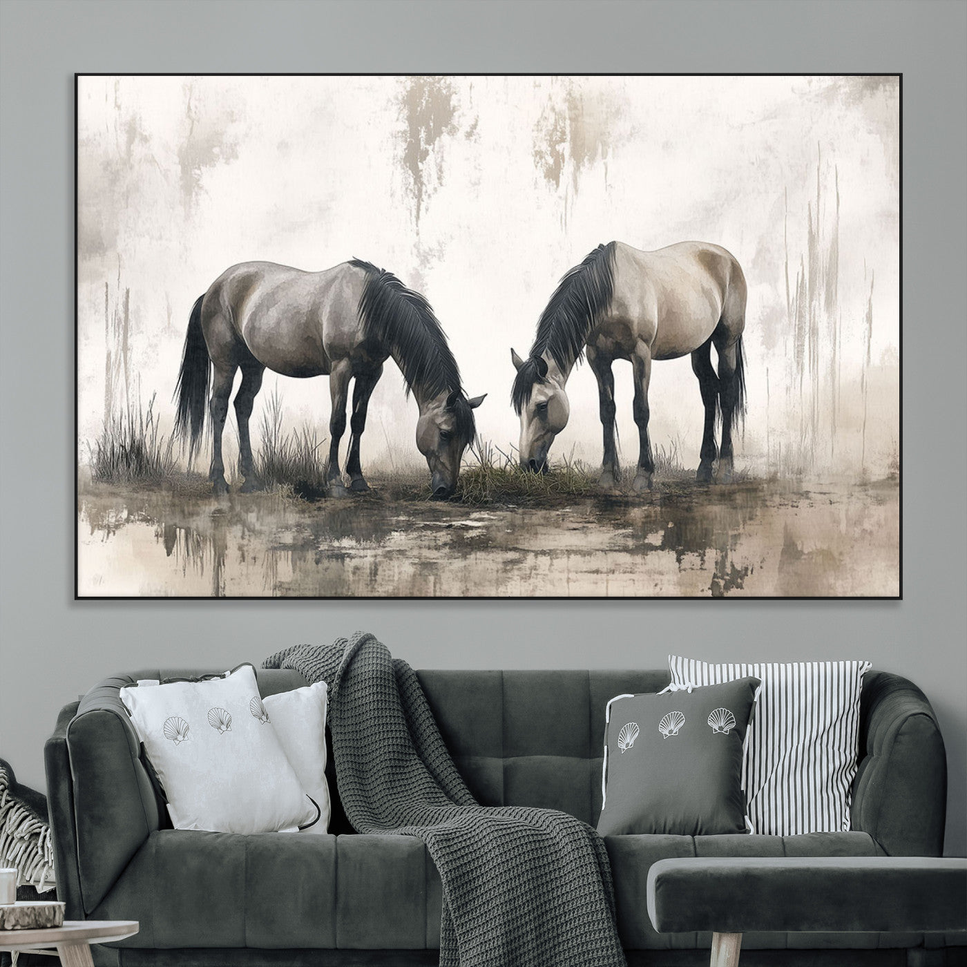 SEG-FC-51X34_Oversize - Chines Ink Style Vintage Horses Wall Art Canvas Print for Farmhouse Wall Decor