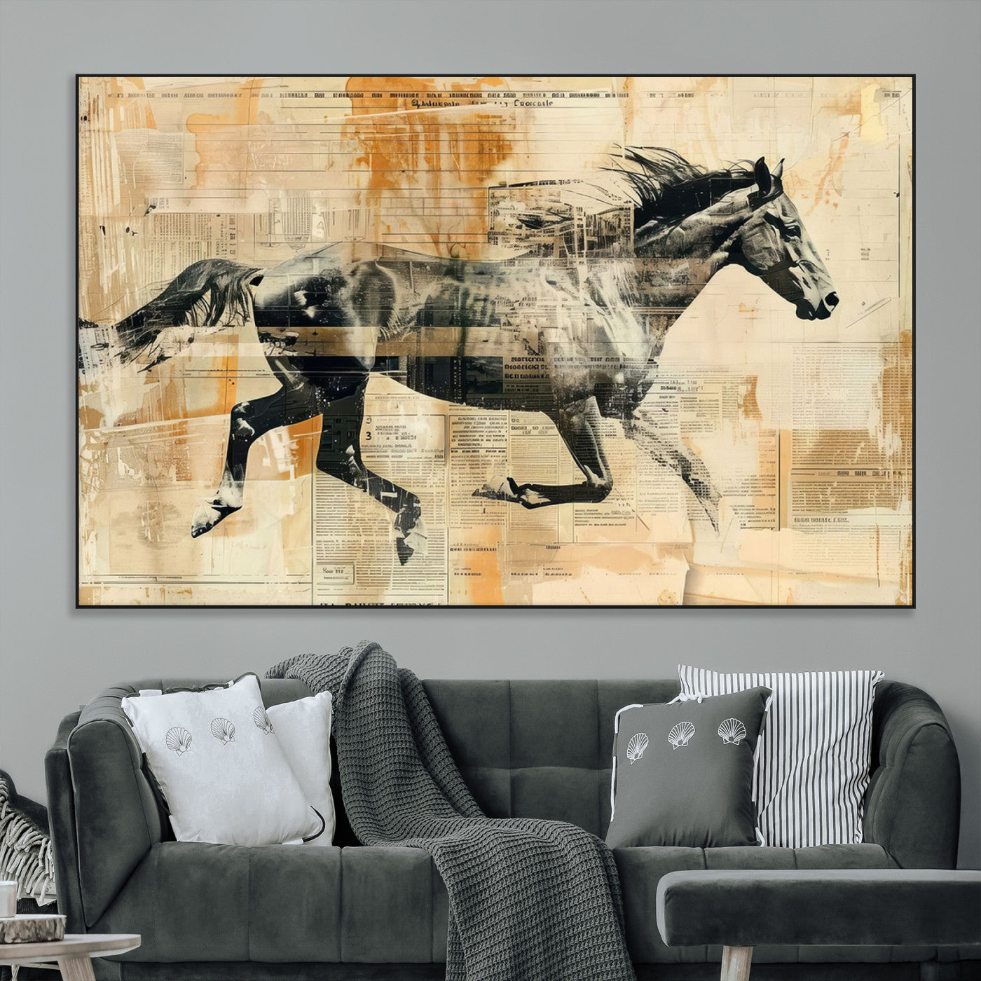 SEG-FC-51X34_Oversize - Chines Style Running Horse Western Wall Art | Farmhouse Wall Decor | Ready to Hang Framed Canvas
