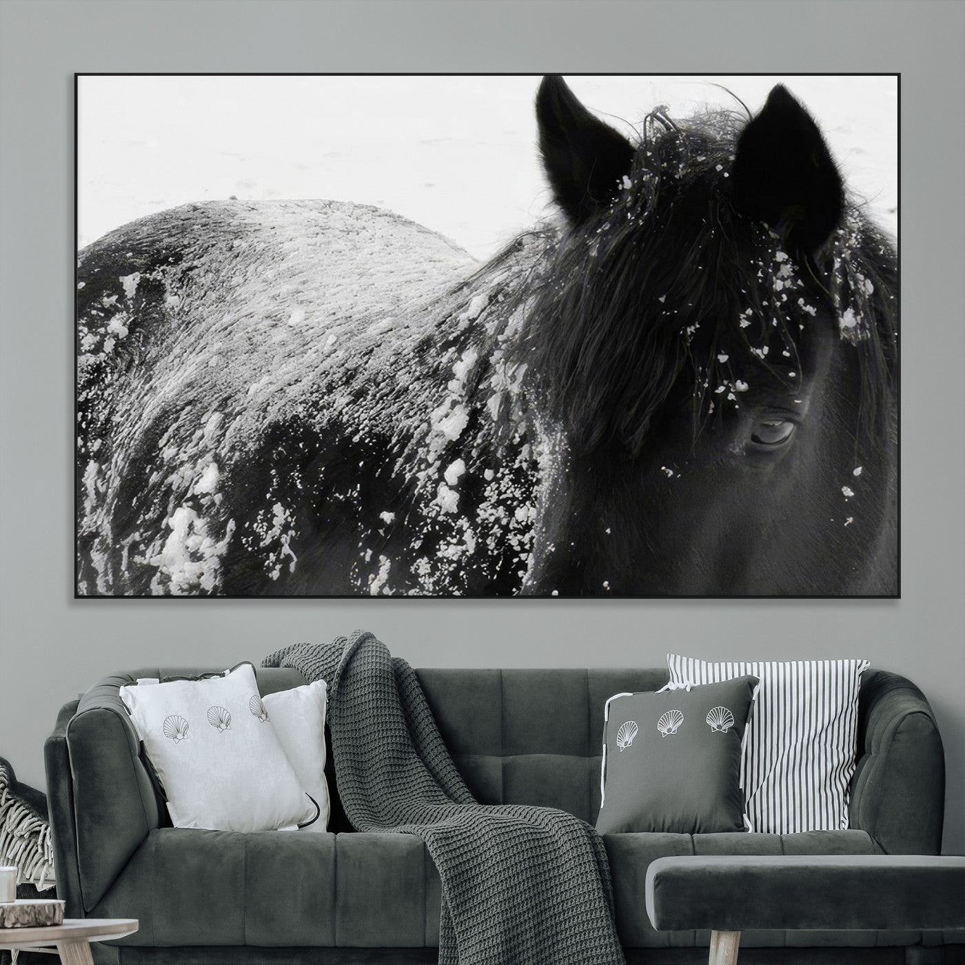 SEG-FC-51X34_Oversize - Black Horse in Snow Canvas Print | Winter Horse Wall Art | Ready to Hang and Framed | Farmhouse Wall