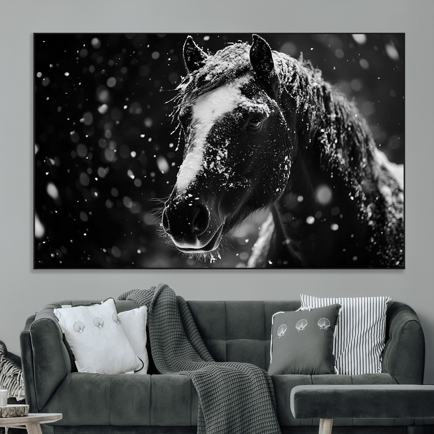 SEG-FC-51X34_Oversize - Winter Horse Wall Art | Black and White Horse Print | Ready to Hang and Framed | Farmhouse Wall Art