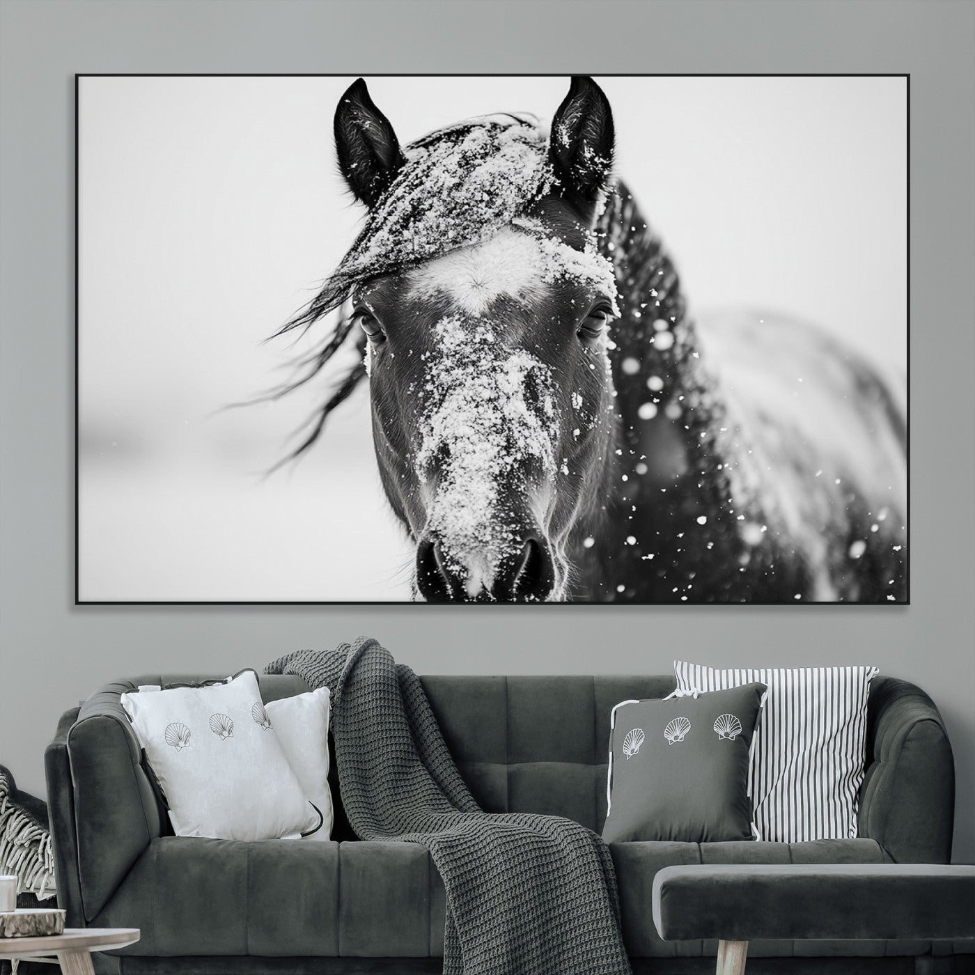 SEG-FC-51X34_Oversize - Western Wall Art | Black and White Winter Horse Wall Art | Ready to Hang and Framed | Farmhouse and