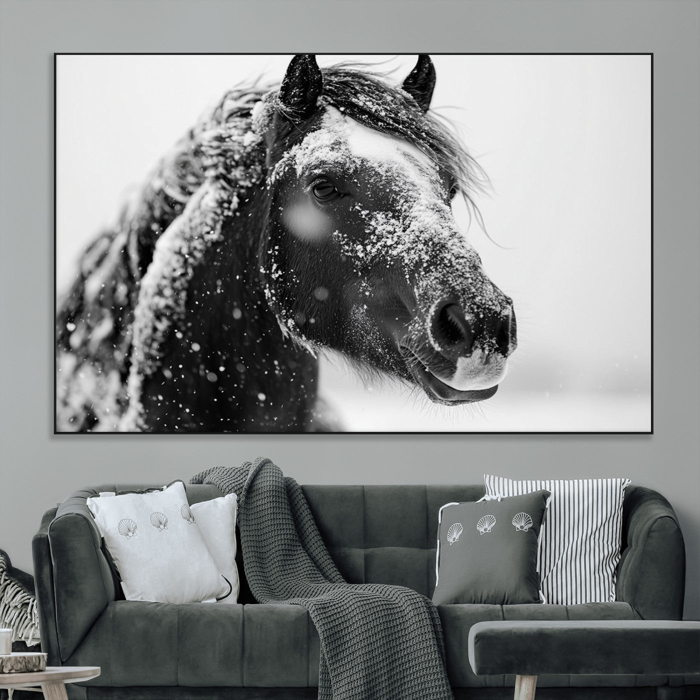 SEG-FC-51X34_Oversize - Winter Horse Canvas Print | Large 3-Panel Black White Equine Photography for Rustic Farmhouse Wall