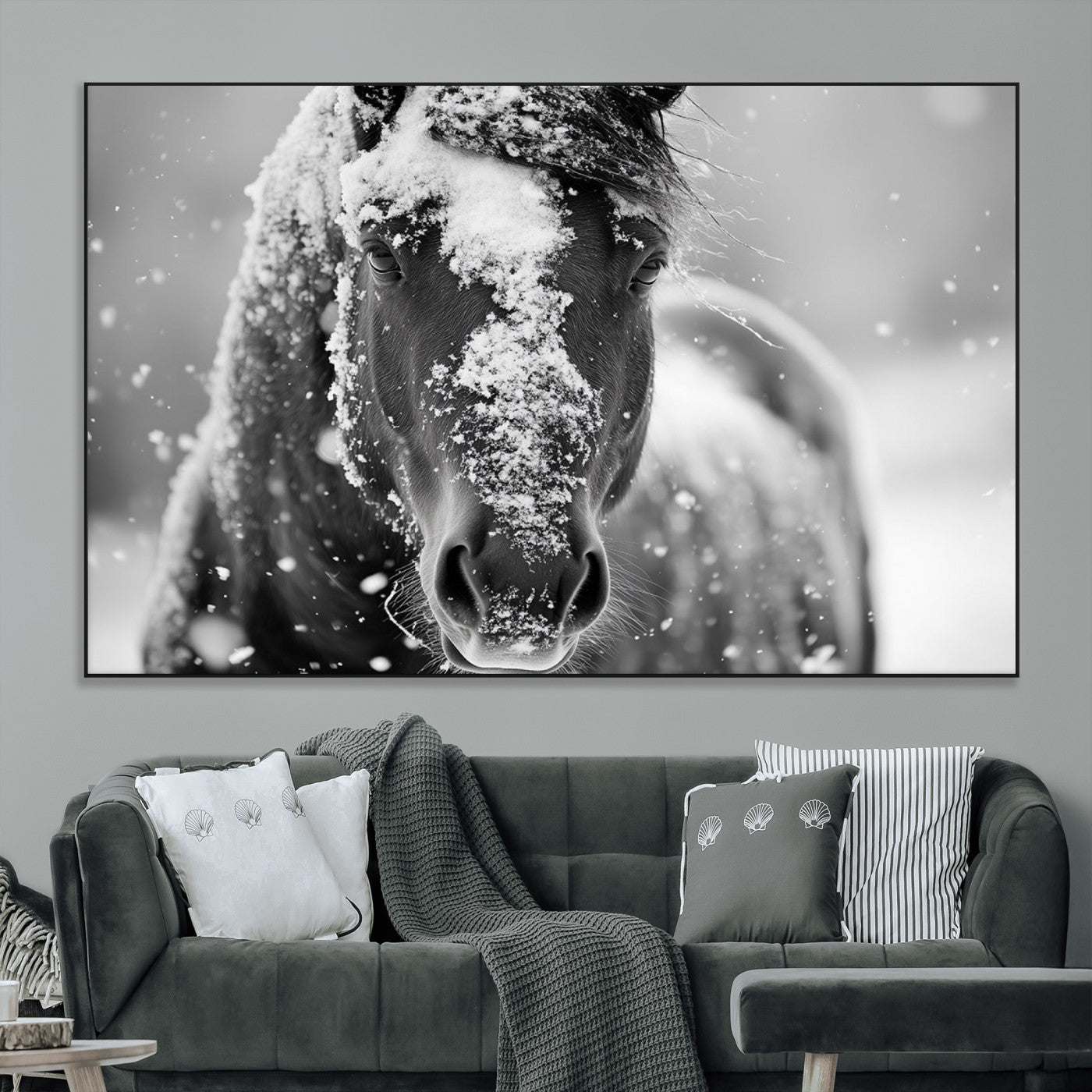 SEG-FC-51X34_Oversize - Black and White Horse Winter Wall Art | Ready to Hang and Framed | Farmhouse Wall Decor | Western