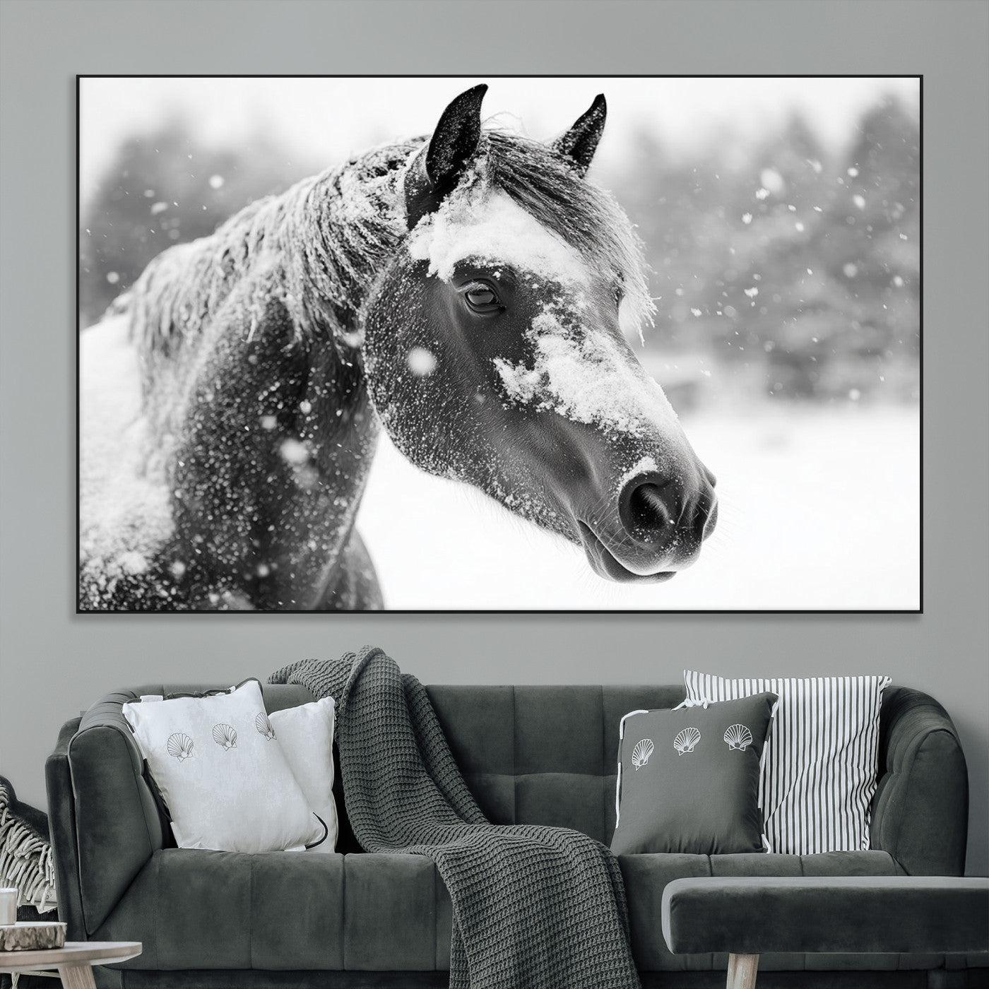 SEG-FC-51X34_Oversize - Black Horse Winter Wall Art | Ready to Hang and Framed | Farmhouse and Western Wall Decor for Living