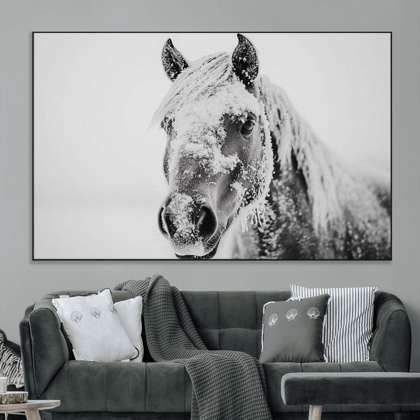 SEG-FC-51X34_Oversize - White Horse Wall Art | Ready to Hang and Framed | Winter Horse Wall Art Print for Farmhouse and